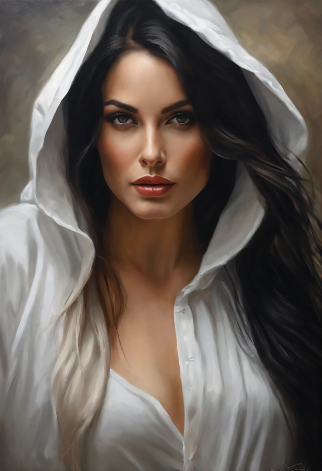 Painting of a woman with long black hair and a white hooded shirt., High Quality Portrait, realistic female portrait, Fire in your hands, realistic digital painting, detailed beauty portrait, Oil painting depicting a realistic woman, Detailed beautiful portrait, realistic portrait, detailed color portrait, realistic portrait photo, in the style of oil painting, realistic studio portrait, Digital Oil Painting, digital art portrait, 64-bit realistic painting