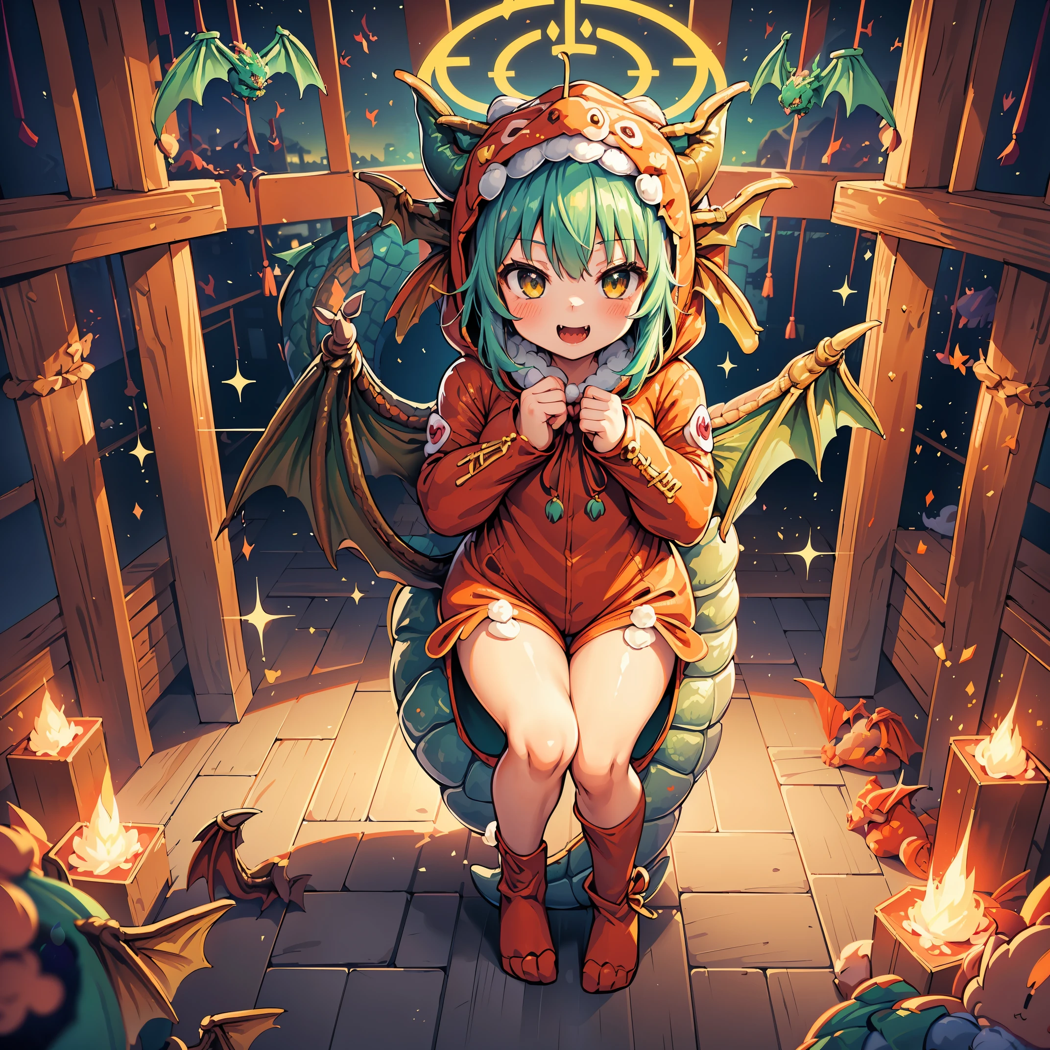 (8K, Raw photography, Best Quality, masutepiece:1.2), high-definition RAW color photography, Professional Photography, Cinematic Light, (animesque: 1.2), The depth of field is shallow, Blurry bokeh:1.2, ((Cute girl wearing a dragon costume, Fluffy kigurumi:1.9)), scaled dragon costume, radiant eyes, long eyeslashes, detailed lips, playful look, a smile, full-face blush, Show your teeth and smile, green dragon costume with red accents, fluffy dragon tail, scaly dragon wings, Magical atmosphere, illustratio, ultra-detailliert, hightquality, realisitic, vivd colour, Studio Lighting, Highly detailed, Photography, masutepiece, hightqualityな, hight resolution, film grains, Professional Lighting,