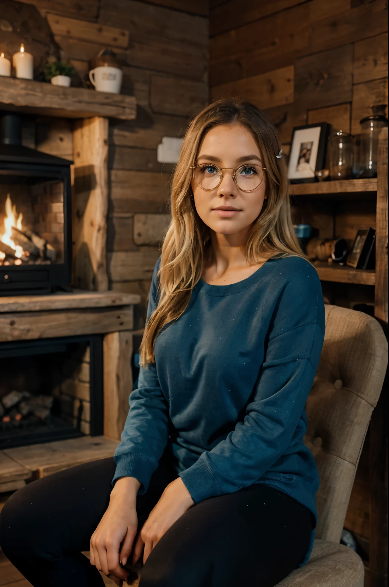1woman, ombré blonde balayage hair, beautiful blue eyes, freckled face, beautifully detailed face, circle glasses, creame sweatshirt, seamless black leggings, fuzzy faux fur ugg boots, sitting down knees togther, log cabin by fire place background, full body portrait.