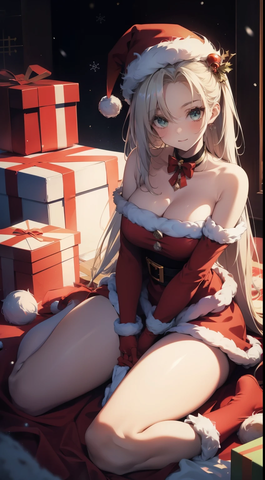 Santa hat,Red is sexy,white color hair,external,in the snow,Reindeer Christmas Girl,is very beautiful,exquisite and beautiful facial featureig Breasts,8K分辨率,Studio quality,hyper HD,ultra fine detailed,Christmas Eve night,Oyuki,house,Christmas tree,designs,巨作,Full body photo,Brilliantly lit,Surreal Photo,Long-range shotull body like,sitting among gifts,lying among gifts