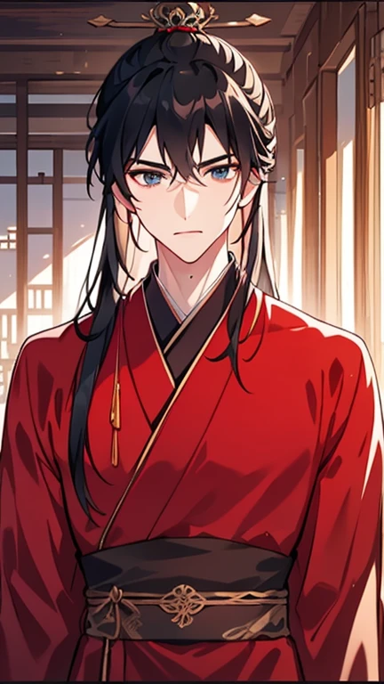 Man with long hair and high ponytail,Black Hanfu,natta,Asian architecture,rays of moonlight,Best quality,tmasterpiece,32K,Very detailed Hanfu,embroidery,mary。