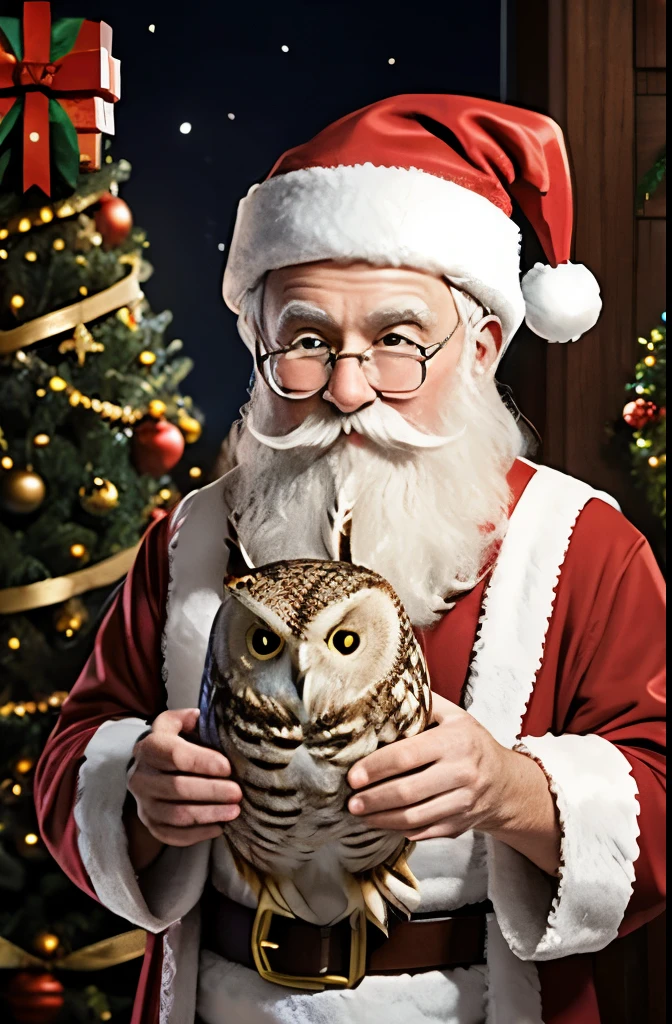 Owl as Santa Claus, Christmas tree, presents, animal children