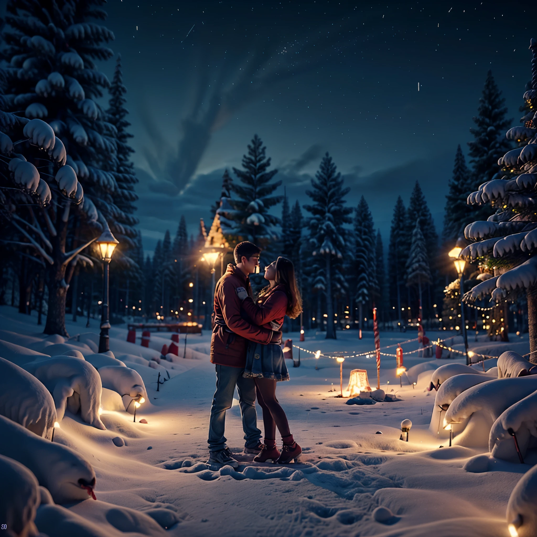 Thick white snow world，A huge Christmas tree stands 20 meters high in the middle of the town，It&#39;s covered with starry lanterns，diamond，Christmas tree with thick snow on the branches，Echoing the lights，The sky still snowing，In front of the Christmas tree, a boy and girl hold hands and look at the tree and make beautiful vows，ultra HD picture quality，Hyper-detailed depiction，Color rendering with sharp contrast，Perfect proportions，Dream love beautiful，逼真光线，Trends，tmasterpiece，Handwriting，8k，Cinematic texture，Intricate decorative details，Christmas close-up，Couple under the tree deep path Equirectangular_360 Circuit UnrealEngine5 Ultra Masterpiece sunlight Cinematic lighting ultra_high-def ultra_Photo-realistic optimal ultra_high-quality opengl-shaders ultra_high-details accurate reflex ultra_high-res perfection volumetric lightning improved Octane_rendues UHD XT3 DSLR HDR 3dcg shadow analogiques extatiques symmetrical dazzling Will-o'-the-wisp global luminescence varied multi etc. --s 1000 --c 20 --q 20