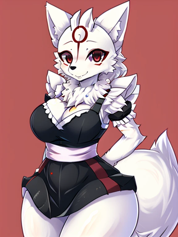 Amaterasu \(Great God\), femele, Alone, yellow-eyed, Black sclera, There are claws, White fur, the street, toyko, neonlight, (high detal, Film photography, soft focus, raw, tmasterpiece, Best quality at best, Surreal, 8K)Cute big breasts,Sister,shaggy,Pure white hair,,red case_On the forehead