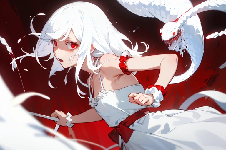 Detailed details，radiant eyes，white scrunchie on wrist,White hair,white snake hair,Red background,blood splashing,Red Eyes,White dress,Ferocious,White snake,