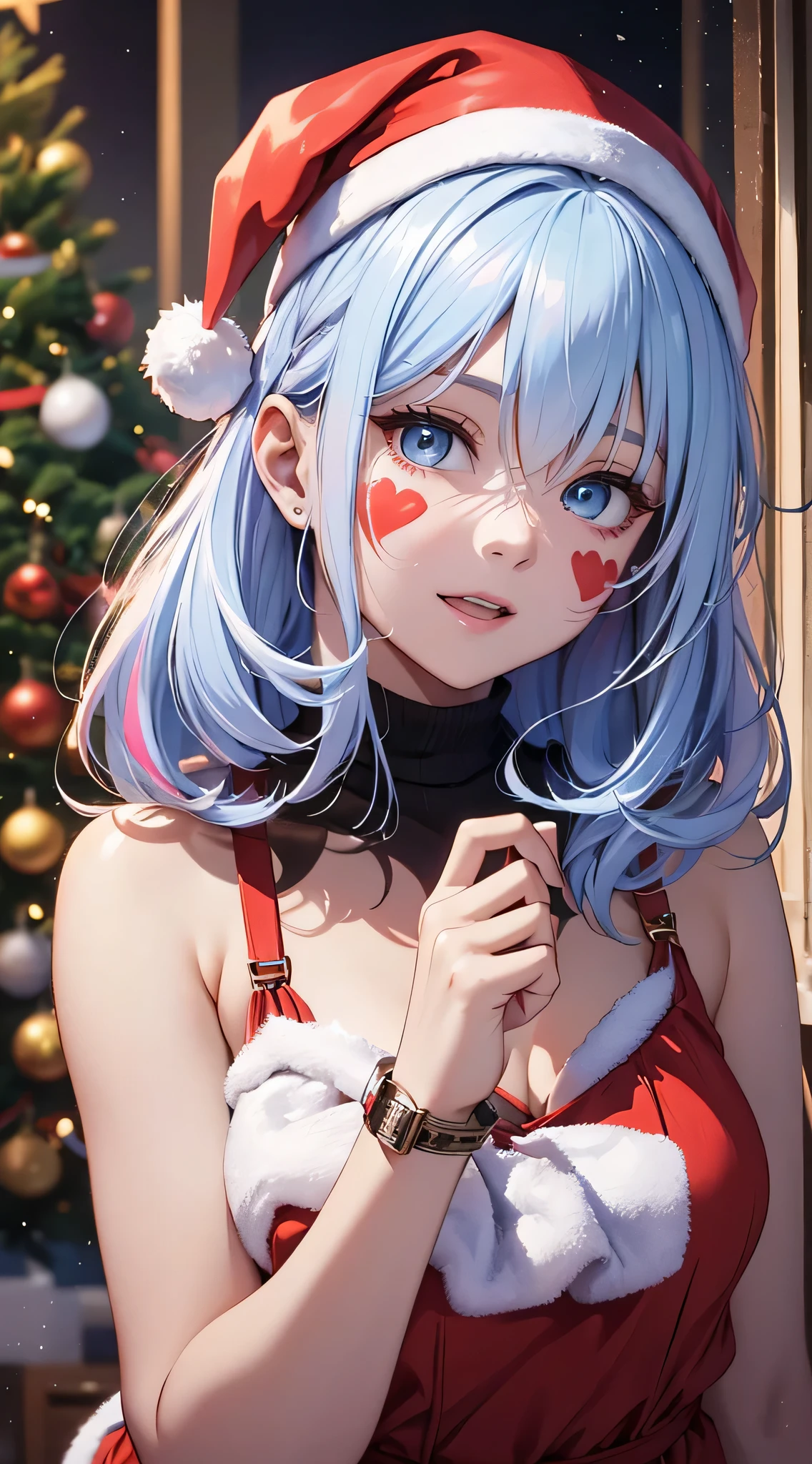 top-quality、Top image quality、​masterpiece、teens girl((Cute Santa Costumes、santa style short skirt、santa style tank top、sixteen years old、 Ager、Best Bust、big bast,wide open breasts、Beautiful light blue eyerest, multicolored hair、A slender,Large valleys、Reflecting the whole body、Laugh、dye one's cheeks red、Red Body Paint、Red Face Paint、be shy、heart mark、face to viewer、Kiss Face)),hiquality、Beautiful Art、Background with(( natta、snowflakes falling、Nice and clean room.、Christmas Party、Party Venue、Christmas Lights、Christmas tree、)))、masutepiece、depth of fields,