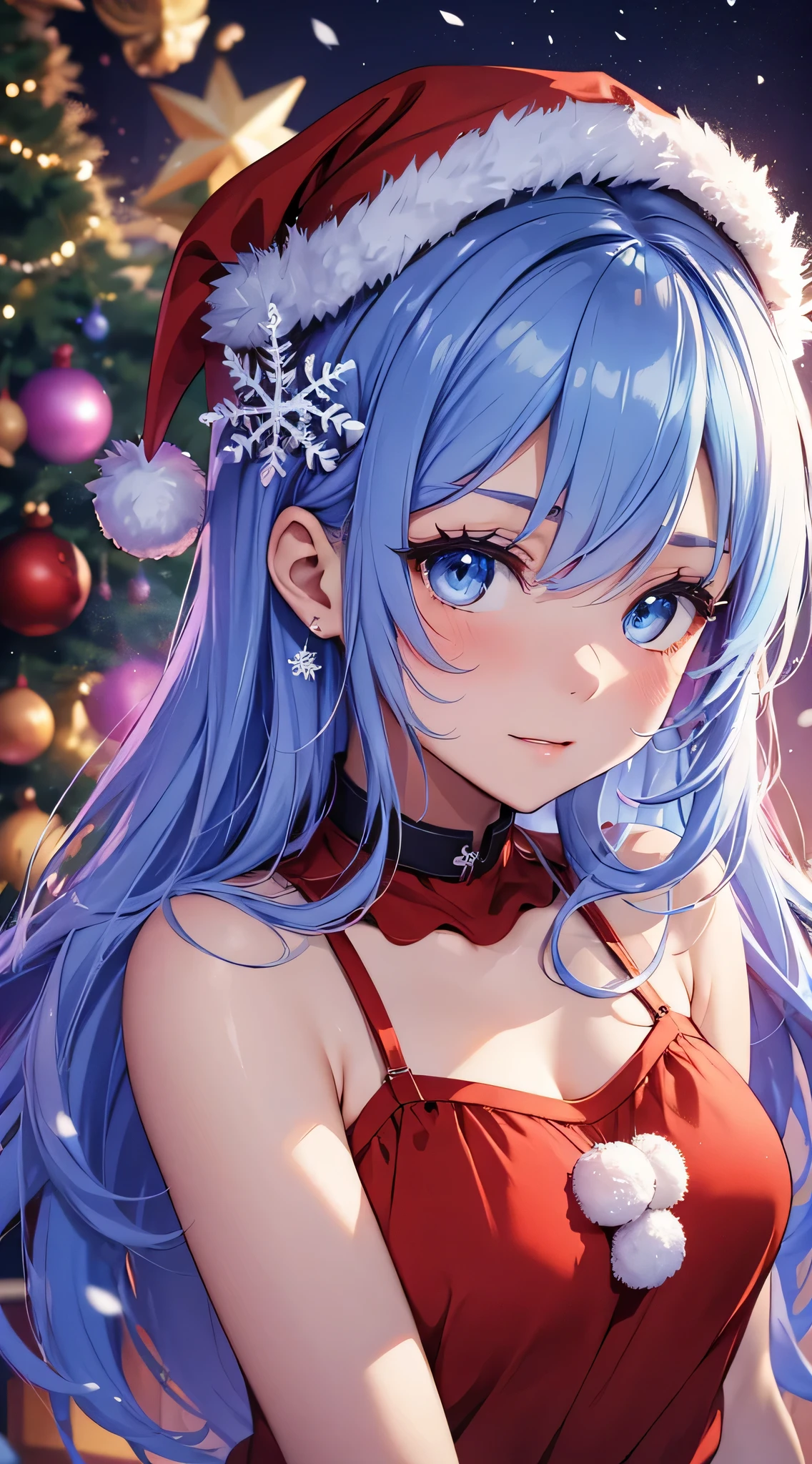 Top quality, high resolution, perfect human structure, background focus, front view, glowing hair, cat ears, blue hair, Santa costume, Santa, holding presents, bangs pinned back, determined, glowing eyes