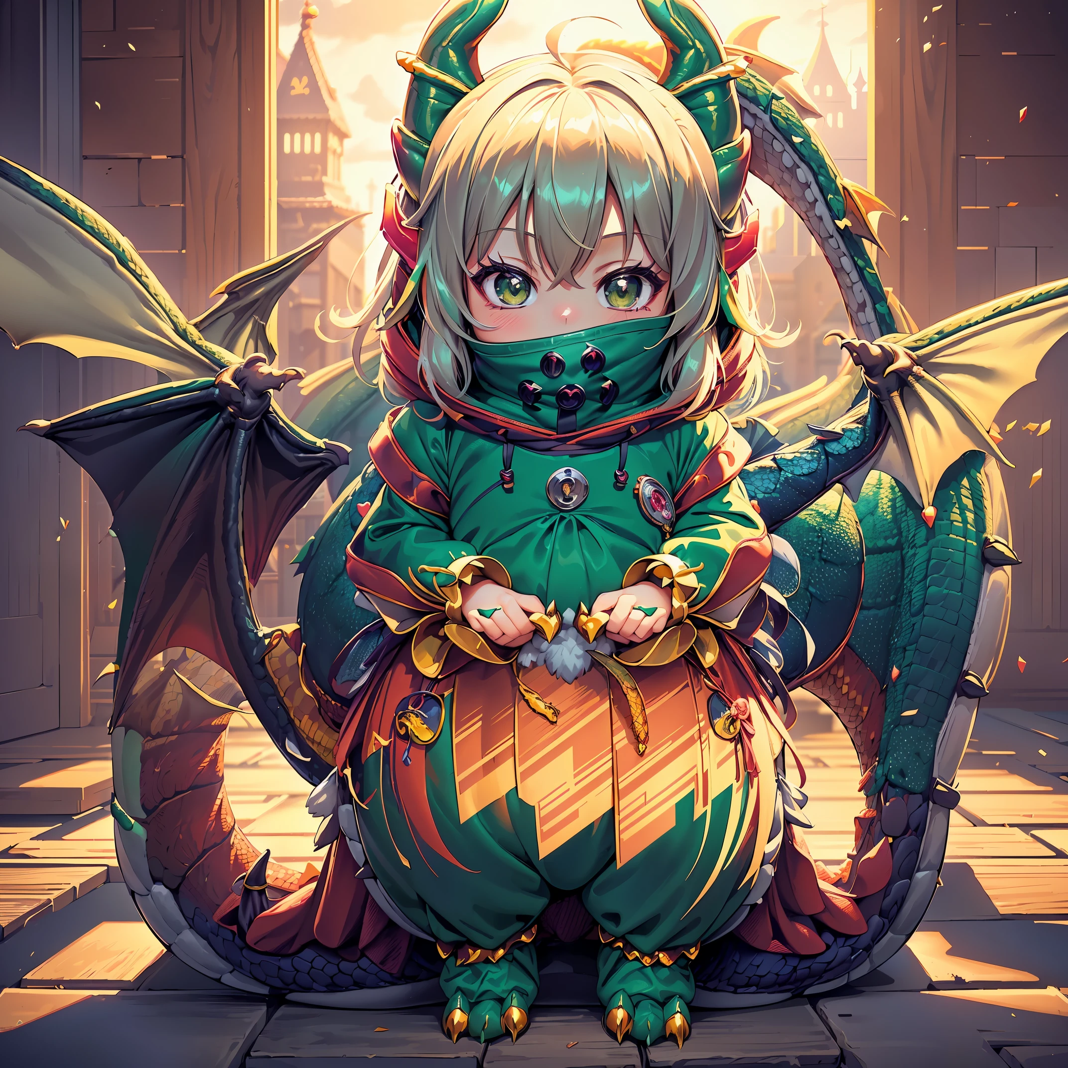 (8K, Raw photography, Best Quality, masutepiece:1.2), high-definition RAW color photography, Professional Photography, Cinematic Light, (animesque: 1.2), The depth of field is shallow, Blurry bokeh:1.2, ((Cute girl wearing a dragon costume, Fluffy kigurumi:1.9)), scaled dragon costume, radiant eyes, long eyeslashes, detailed lips, playful look, a smile, full-face blush, Show your teeth and smile, green dragon costume with red accents, fluffy dragon tail, scaly dragon wings, Magical atmosphere, illustratio, ultra-detailliert, hightquality, realisitic, vivd colour, Studio Lighting, Highly detailed, Photography, masutepiece, hightqualityな, hight resolution, film grains, Professional Lighting,