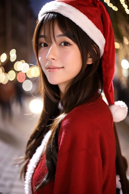 Christmas,Beautiful Japanese woman dressed as Santa Claus,Perfect facial features,full bodyesbian,Standing in a townscape decorated with illuminations