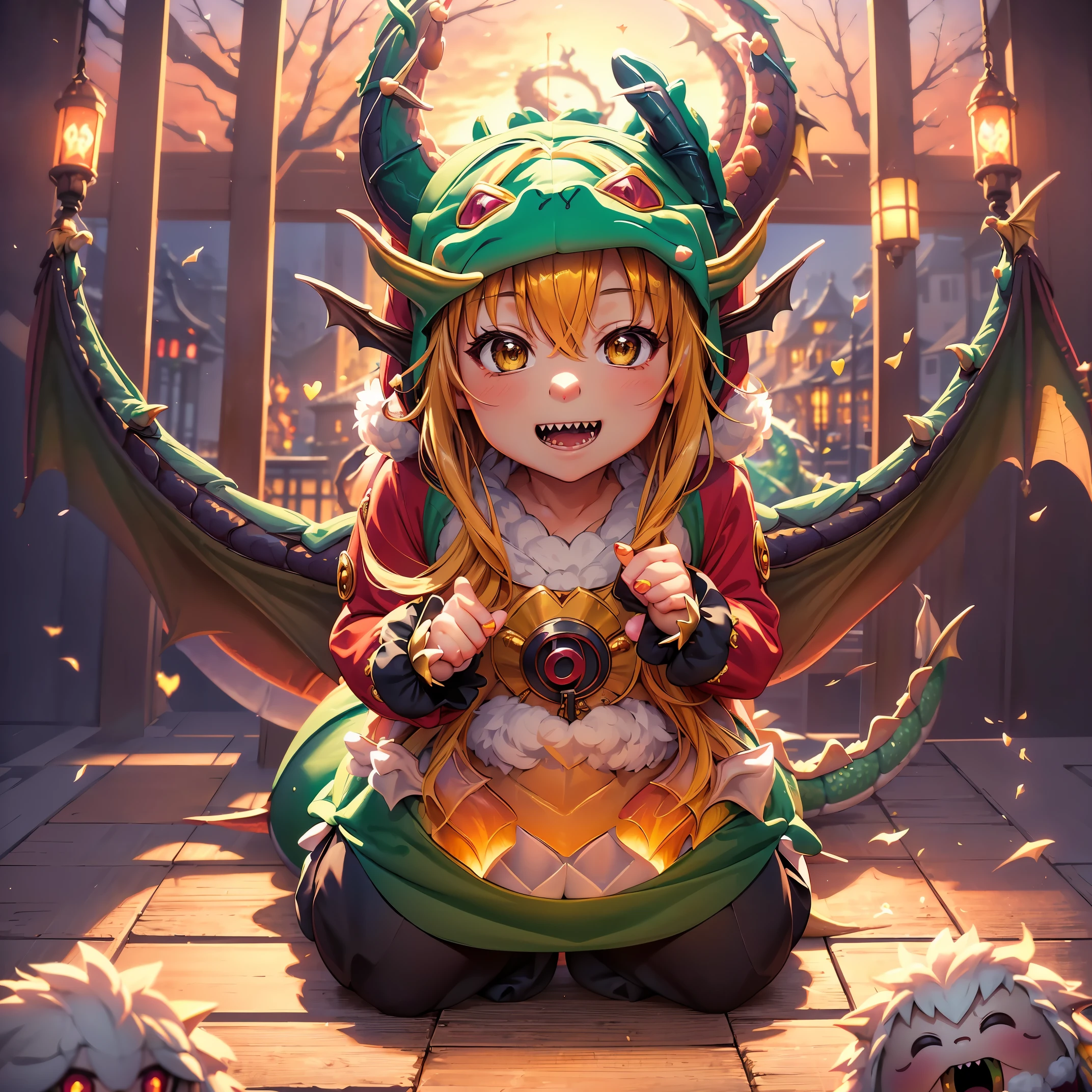 (8K, Raw photography, Best Quality, masutepiece:1.2), high-definition RAW color photography, Professional Photography, Cinematic Light, (animesque: 1.2), The depth of field is shallow, Blurry bokeh:1.2, ((Cute girl wearing a dragon costume, Fluffy kigurumi:1.9)), scaled dragon costume, radiant eyes, long eyeslashes, detailed lips, playful look, a smile, full-face blush, Show your teeth and smile, green dragon costume with red accents, fluffy dragon tail, scaly dragon wings, Magical atmosphere, illustratio, ultra-detailliert, hightquality, realisitic, vivd colour, Studio Lighting, Highly detailed, Photography, masutepiece, hightqualityな, hight resolution, film grains, Professional Lighting,