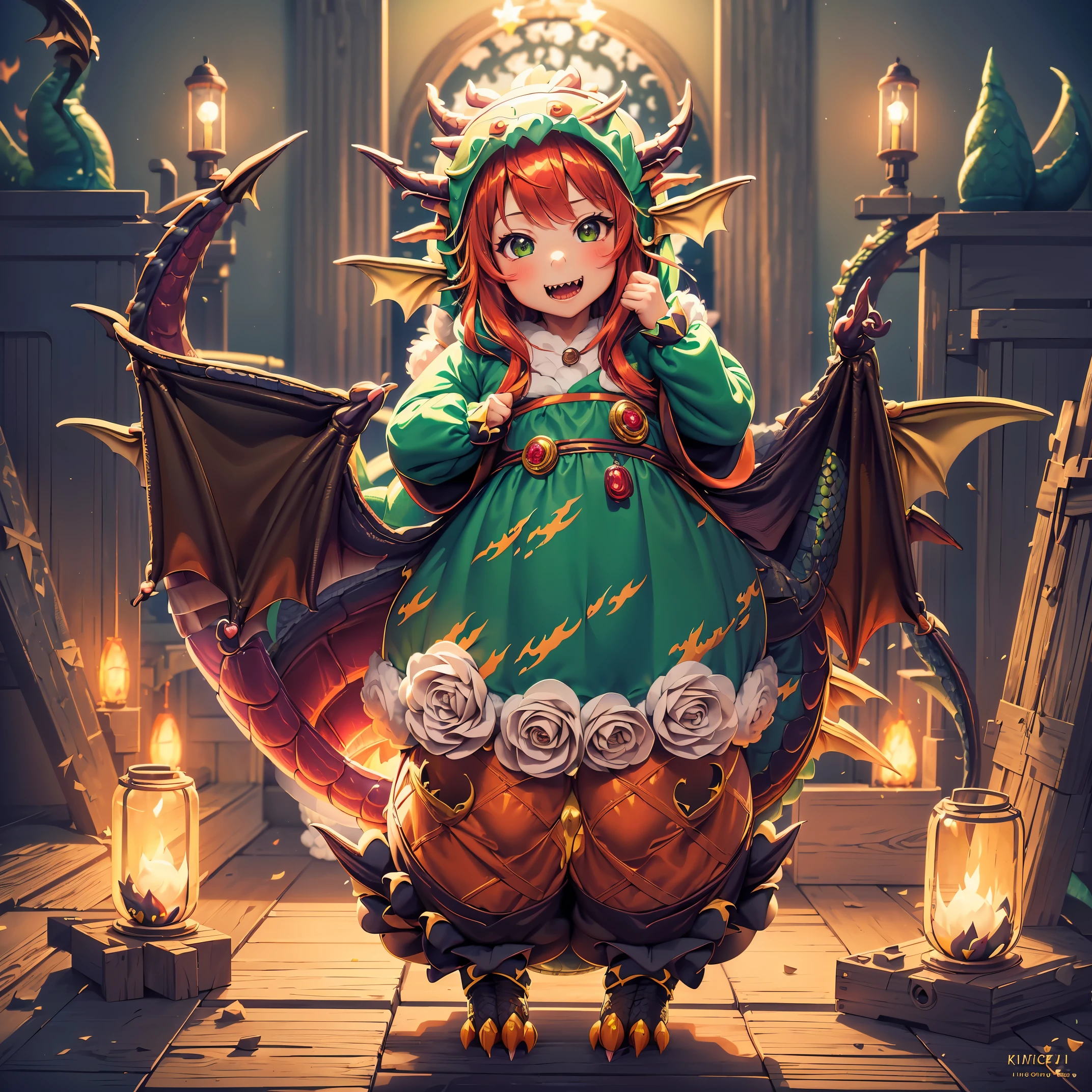 (8K, Raw photography, Best Quality, masutepiece:1.2), high-definition RAW color photography, Professional Photography, Cinematic Light, (animesque: 1.2), The depth of field is shallow, Blurry bokeh:1.2, ((Cute girl wearing a dragon costume, Fluffy kigurumi:1.9)), scaled dragon costume, radiant eyes, long eyeslashes, detailed lips, playful look, a smile, full-face blush, Show your teeth and smile, green dragon costume with red accents, fluffy dragon tail, scaly dragon wings, Magical atmosphere, illustratio, ultra-detailliert, hightquality, realisitic, vivd colour, Studio Lighting, Highly detailed, Photography, masutepiece, hightqualityな, hight resolution, film grains, Professional Lighting,