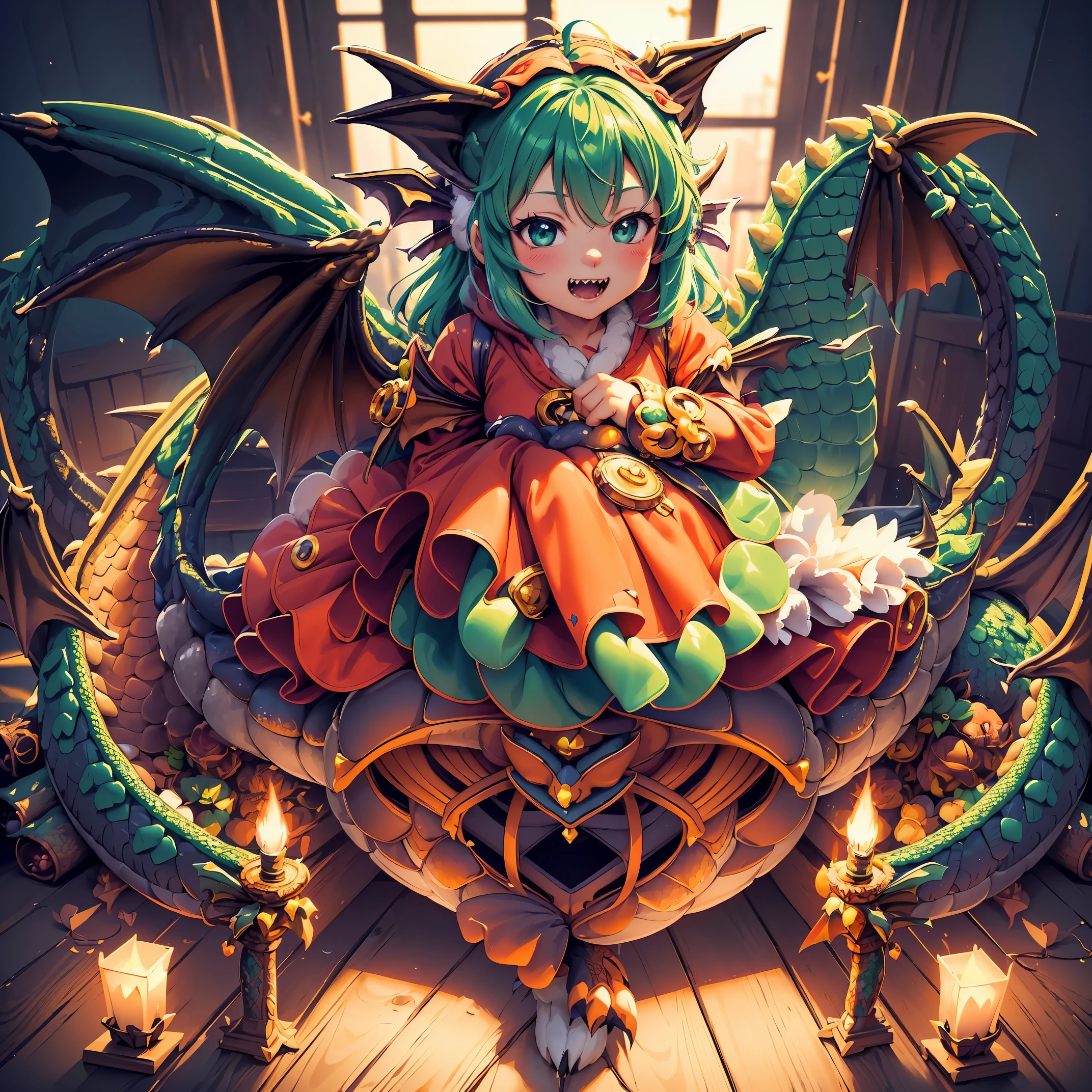 (8K, Raw photography, Best Quality, masutepiece:1.2), high-definition RAW color photography, Professional Photography, Cinematic Light, (animesque: 1.2), The depth of field is shallow, Blurry bokeh:1.2, ((Cute girl wearing a dragon costume, Fluffy kigurumi:1.9)), scaled dragon costume, radiant eyes, long eyeslashes, detailed lips, playful look, a smile, full-face blush, Show your teeth and smile, green dragon costume with red accents, fluffy dragon tail, scaly dragon wings, Magical atmosphere, illustratio, ultra-detailliert, hightquality, realisitic, vivd colour, Studio Lighting, Highly detailed, Photography, masutepiece, hightqualityな, hight resolution, film grains, Professional Lighting,