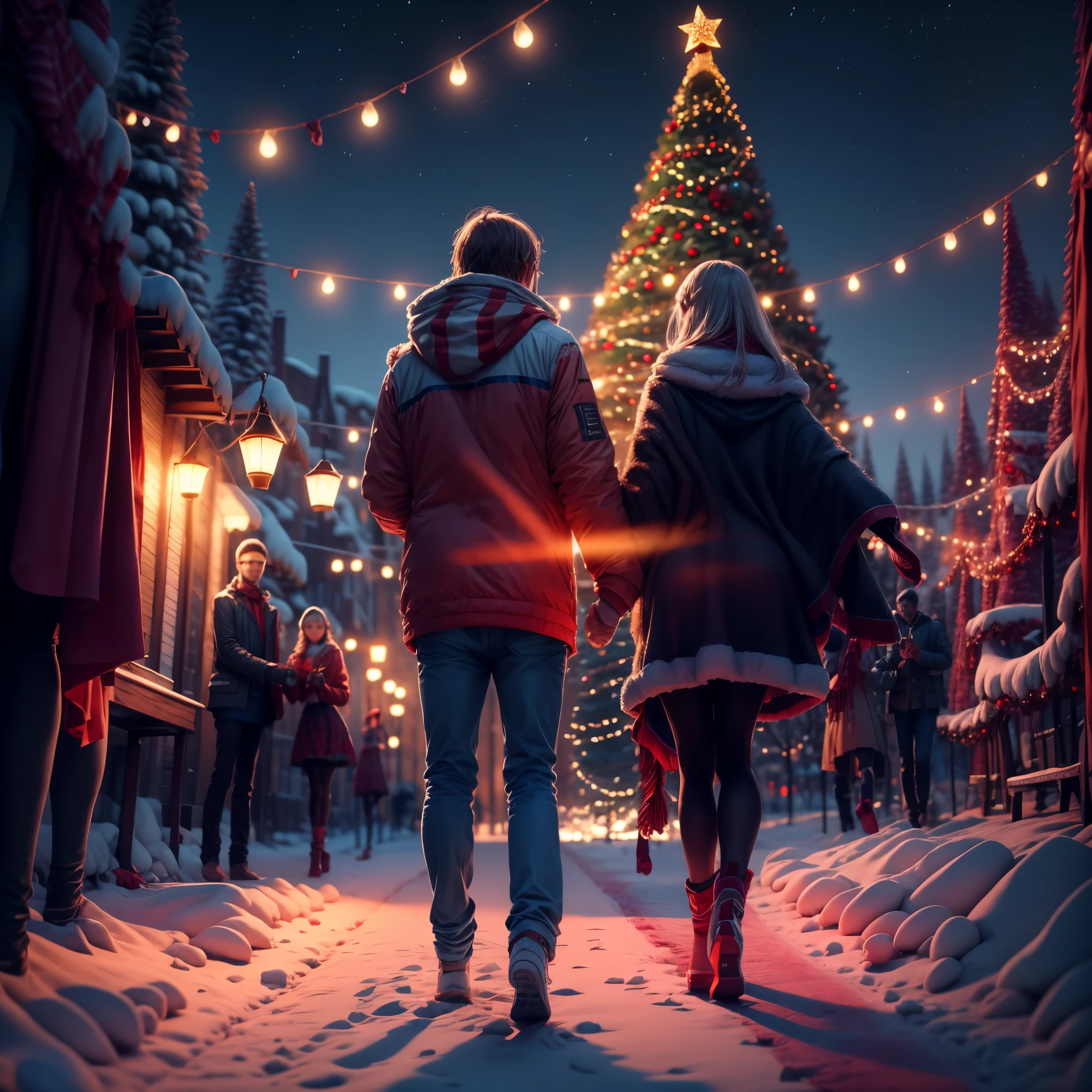 Thick white snow world,A huge Christmas tree stands 20 meters high in the middle of the town,It's covered with starry lanterns,diamond,Christmas tree with thick snow on the branches,Echoing the lights,The sky still snowing,In front of the Christmas tree, a boy and girl hold hands and look at the tree and make beautiful vows,ultra HD picture quality,Hyper-detailed depiction,Color rendering with sharp contrast,Perfect proportions,Dream love beautiful,逼真光线,Trends,tmasterpiece,Handwriting,8k,Cinematic texture,Intricate decorative details,Christmas close-up,Couple under the tree deep path Equirectangular_360 Circuit UnrealEngine5 Ultra Masterpiece sunlight Cinematic lighting ultra_high-def ultra_Photo-realistic optimal ultra_high-quality opengl-shaders ultra_high-details accurate reflex ultra_high-res perfection volumetric lightning improved Octane_rendues UHD XT3 DSLR HDR 3dcg shadow analogiques extatiques symmetrical dazzling Will-o'-the-wisp global luminescence varied multi etc. --s 1000 --c 20 --q 20
