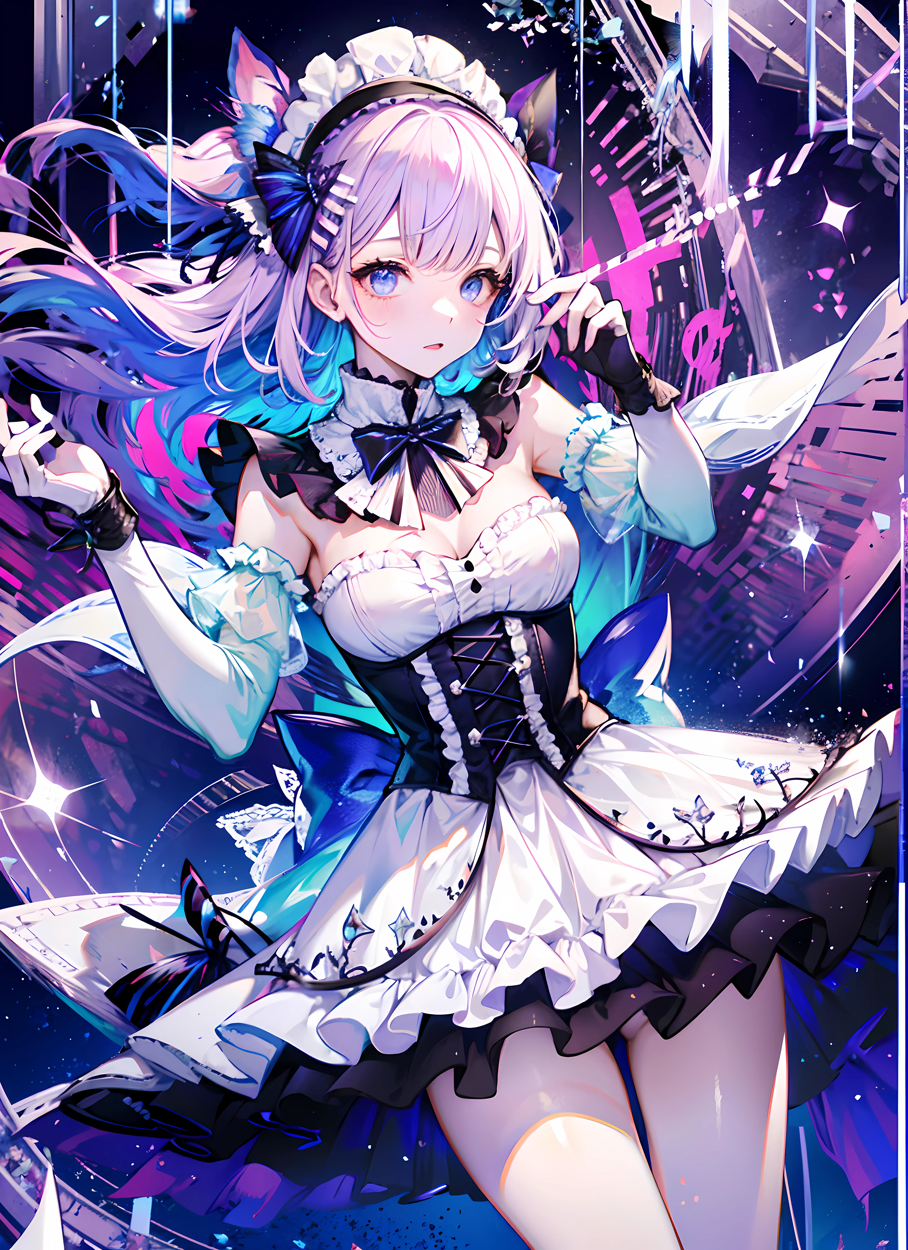 Super gorgeous, extreme multiplication, shiny crystal, cinematic lighting, curly hair, Roman curls, frills, misty, Alice in wonderland, dramatic composition, extreme detail, high resolution, lolita dress, bow, pearl necklace, lace gloves, bow, ribbon, floating, levitating, fly, misty, starry, dreamy, transparent fabric, layered yarn, transparent gauze skirt