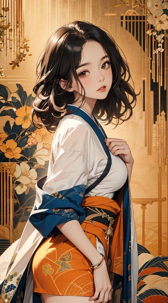 ((8k wallpaper of extremely detailed CG unit, masterpiece, hight resolution, top-quality, top-qualityのリアルテクスチャスキン)), (a very beautiful woman, Plump lips, The upper part of the body, Hands in pockets:1.5, Japanese pattern blouson:1.2, Japanese pattern micro mini shorts:1.2), (A dark-haired, hair messy, de pele branca, small tit), ((Colorful background with geometric patterns, Japanese pattern background, warm color)), (hyper realisitic, digitial painting),