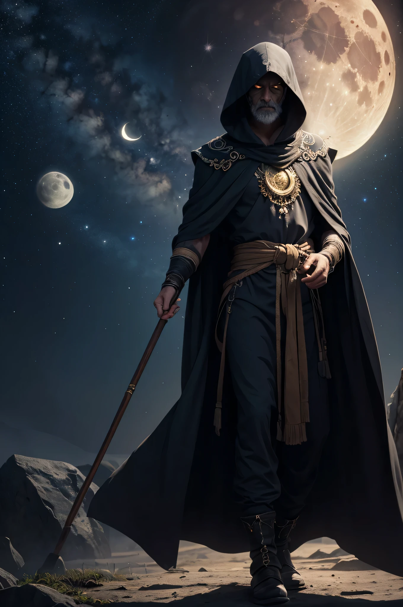 cinematic photo, masterpiece, half body portrait of a fantasy Moon God in a mature and contemplative form. He appears as an old hooded sage. His figure is cloaked in mystery, veiled by the shadows of the night. He is clad in flowing, dark garments that seem to meld with the night sky. Symbols of arcane wisdom are embroidered onto his attire, signifying the secrets of the cosmos. Standing in a reflective posture, one hand holding the hood in a gesture of introspection. A walking stick made of natural knotted wood is lowered, signifying the closing of cosmic cycles. The Moon God's face is partially concealed by the hood, revealing only glimpses of ageless wisdom in the glow of his eyes. He has longish grey disheveled hair and long ruffled grey beard. His skin radiates a dim eerie glow, reflecting the weak luminescence of the waning crescent moon. Cosmic galactic background with stars and a silvery waxing crescent moon, fantasy, historical, artistic