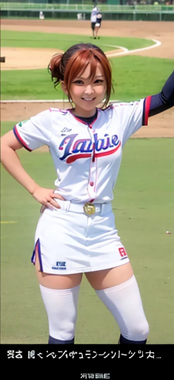 An arafe woman in uniform posing for a photo at a baseball field, weaRing a volleyball jersey, Japanese Models, tsubasa nakai's style, Kazue Kato, harumi, Makoto, Asuka, yukii morita, rena nounen style 3/4, mayuri shiina, Rin, narumi kakinouchi