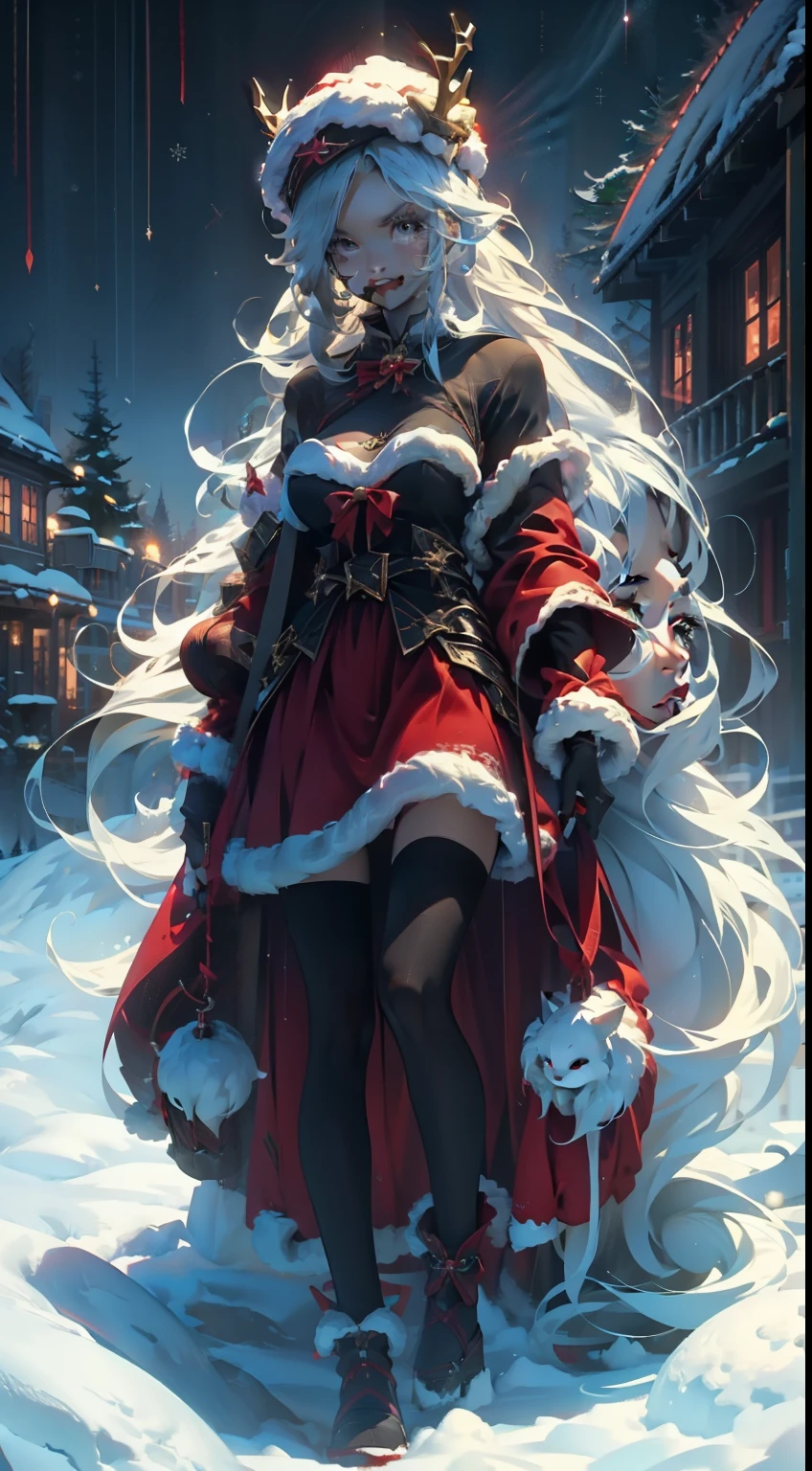 Santa hat，Red is sexy，white color hair，external，in the snow，Reindeer Christmas Girl，is very beautiful，exquisite and beautiful facial featureig Breasts，8K分辨率，Studio quality，hyper HD，ultra fine detailed，Christmas Eve night，Oyuki，house，Christmas tree，designs，巨作，Full body photo，Brilliantly lit，Surreal Photo，Long-range shotull body like，There is a cabin behind，in snow，the night