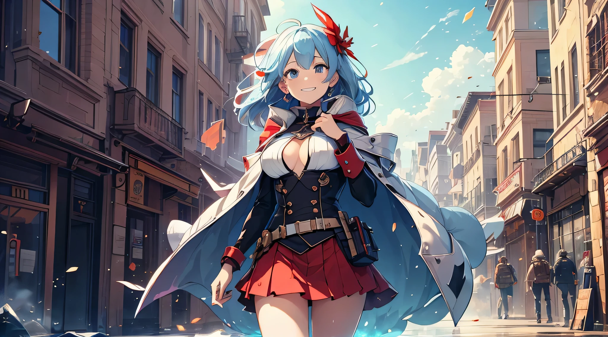 top-quality、Top image quality、​masterpiece、teens girl((sixteen years old、 Ager、Best Bust、big bast,wide open breasts、Beautiful light blue eyerest, multicolored hair、A slender,Large valleys、Reflecting the whole body、Laugh、dye one's cheeks red、Black Hero Suit、red cloak、Red short skirt、Niō Standing、Cross your arms、grin)),hiquality、Beautiful Art、Background with(( chee、Building Street、explosive explosive inflammation、fumo)))、masutepiece、depth of fields,hero wind