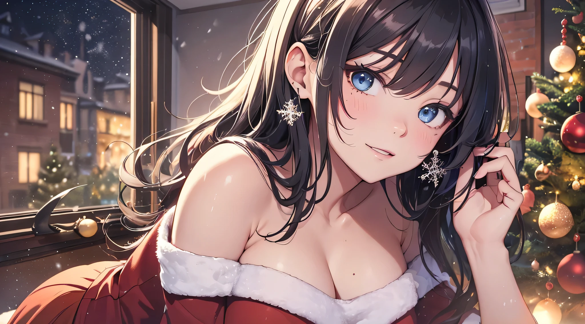 top-quality、Top image quality、masterpiece、teens girl((Cute Santa Costumes、santa style short skirt、santa style tank top、、 Ager、Best Bust、big bast,wide open breasts、Beautiful light blue eyerest, multicolored hair、A slender,Large valleys、Reflecting the whole body、Laugh、dye one's cheeks red、Red Body Paint、Red Face Paint、be shy、heart mark、face to viewer、kiss Face、kiss)),hiquality、Beautiful Art、Background with(( natta、snowflakes falling、Nice and clean room.、Christmas Party、Party Venue、Christmas Lights、Christmas tree、)))、masutepiece、depth of fields,