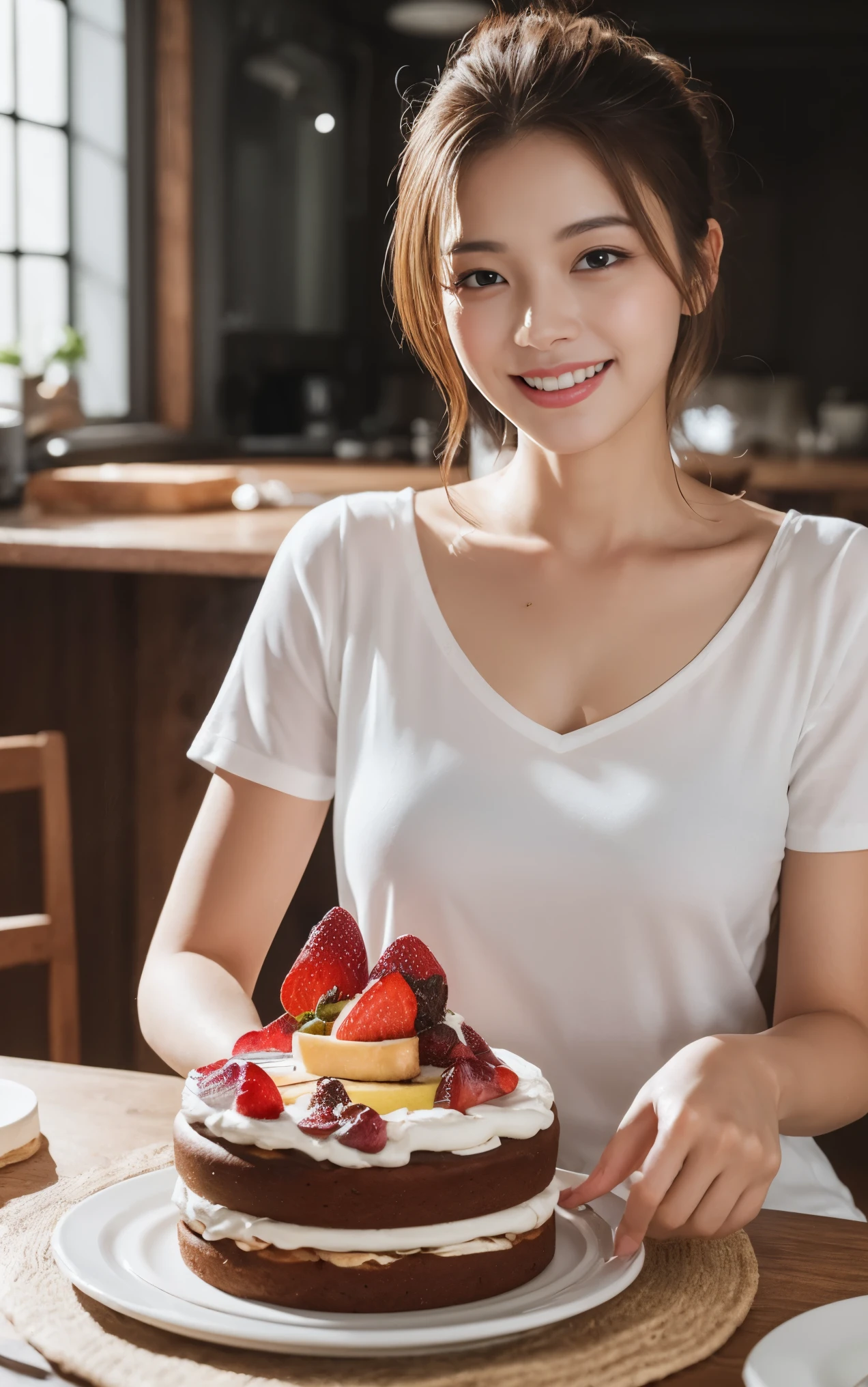 Highly detailed CG Unity 8k wallpaper, With the highest quality, super detailed, master piece, Realistic, photos realistic, Very detailed beautiful girl, 25 years old , (Officelady), Smile , Round eyes, Small udder , looking viewer, Half body shot , kitchin , eating cakes , Ponytail Huge cake chocolate cake