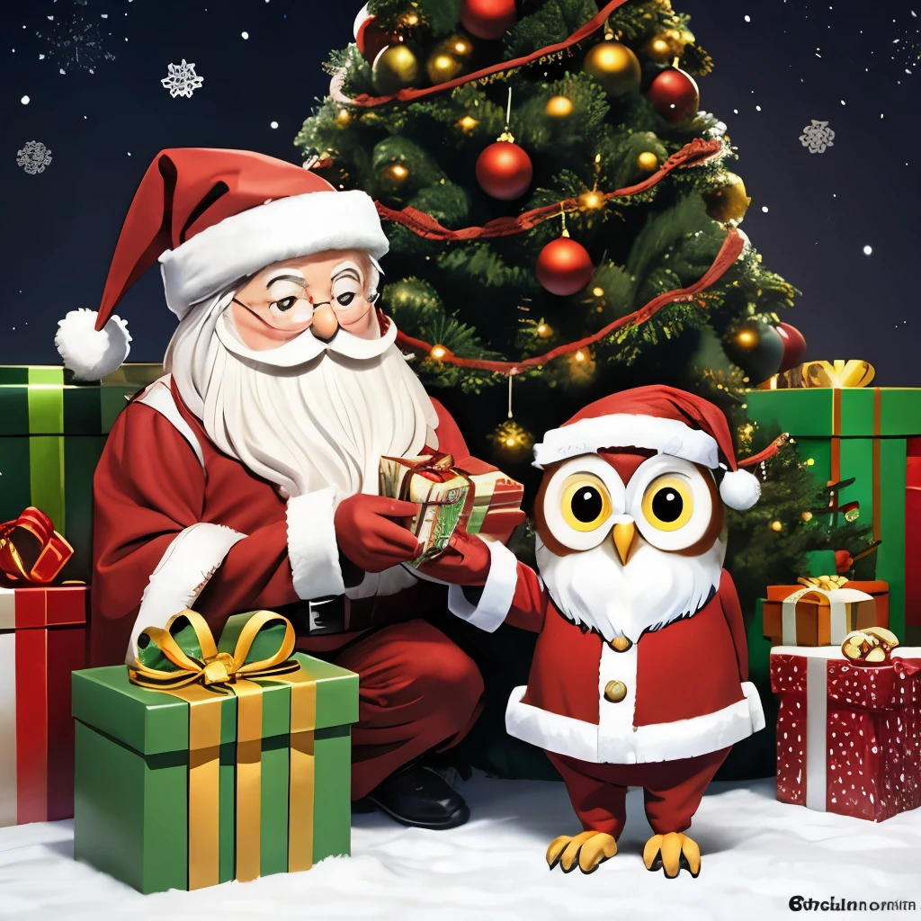 Owl as Santa Claus, Christmas tree, presents, animal children
