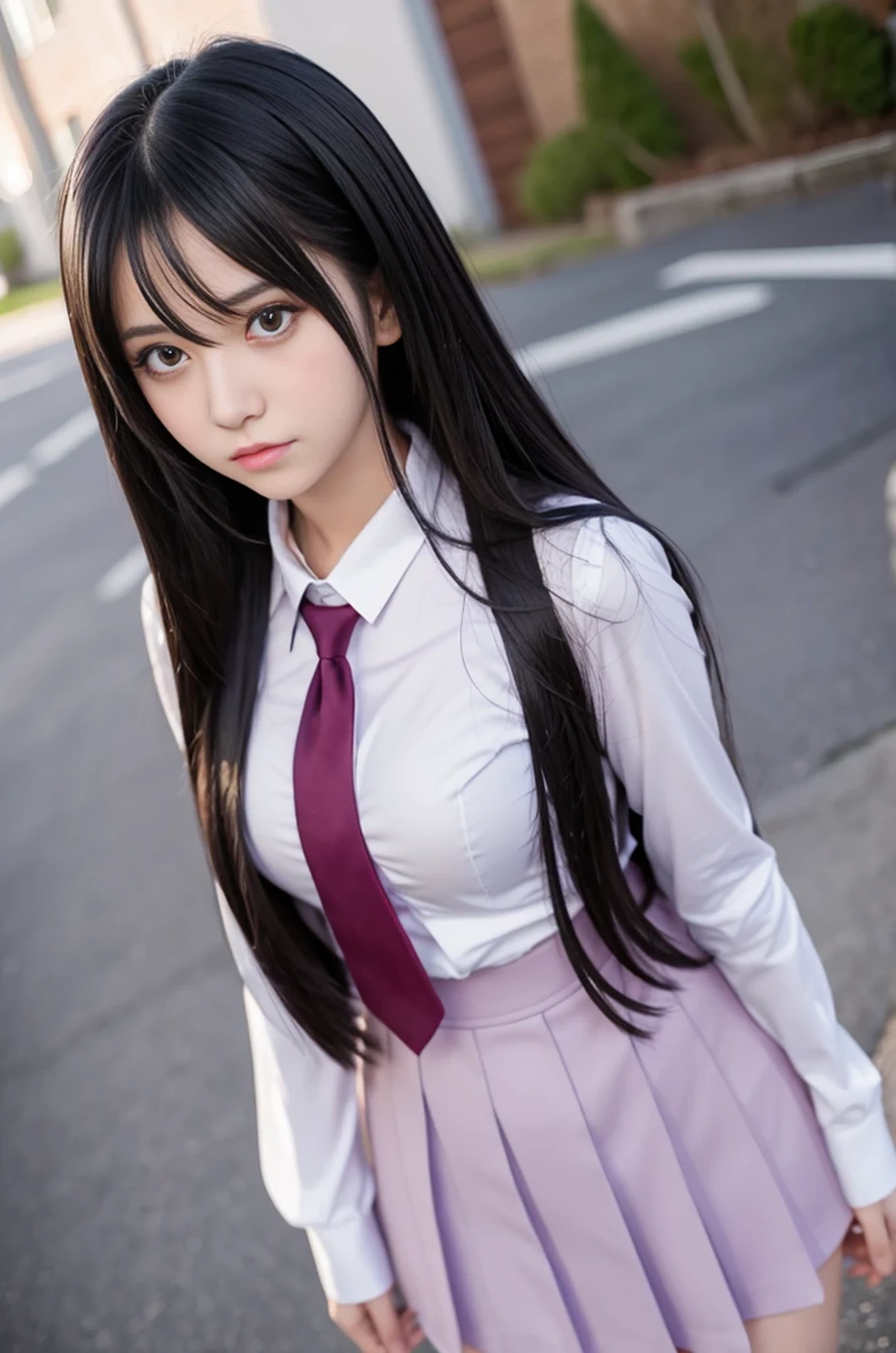 Anime Girl with long black hair and purple eyes in a school uniform, anime moe art style, beautiful anime high school girl, seductive Anime Girl, Anime Girl with long hair, marin kitagawa fanart, Gapmoe Yandere, Anime Best Girl, Ecchi anime style, (Anime Girl), Realistic Schoolgirl, attractive Anime Girl, Misato Katsuragi, visual novel cg