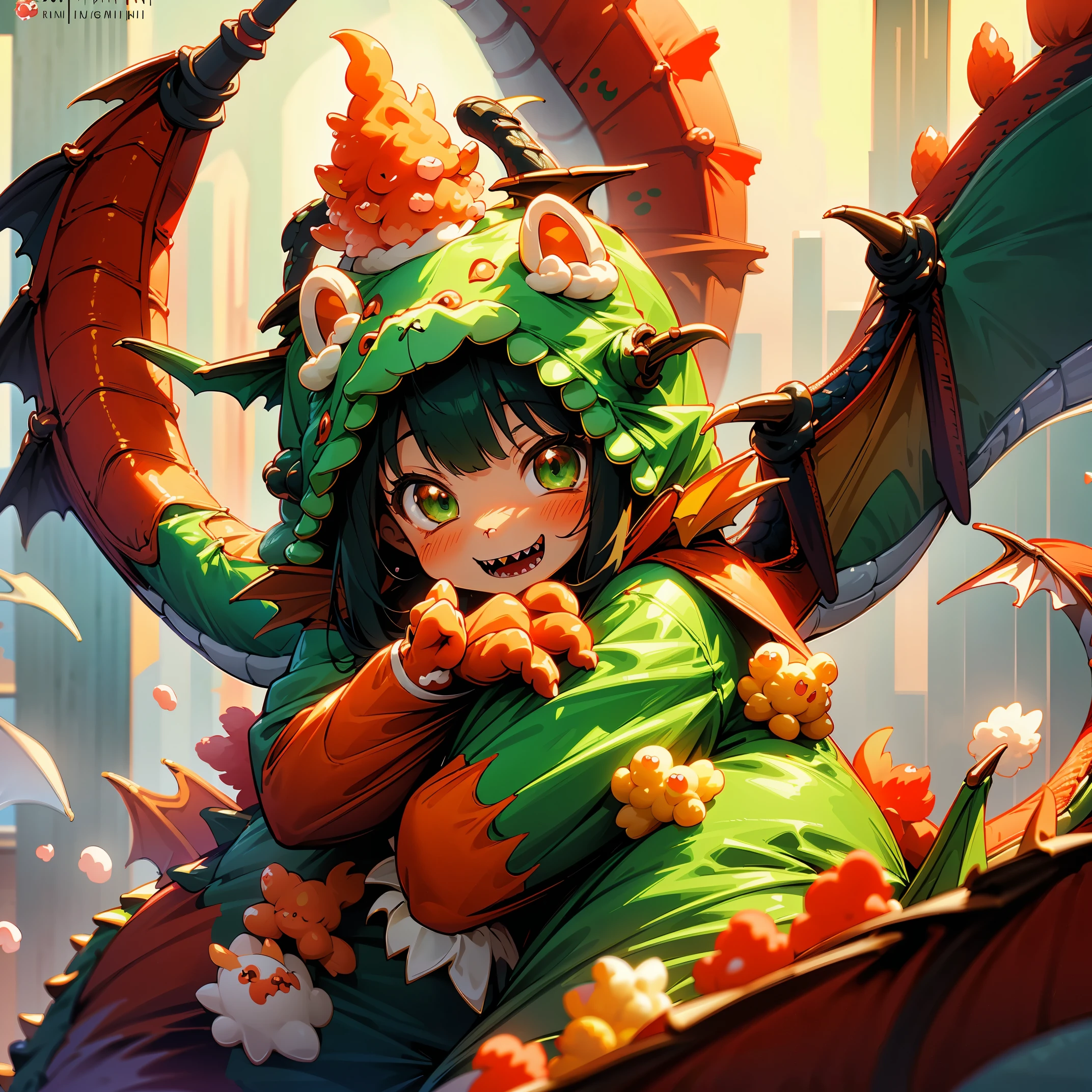 (8K, Raw photography, Best Quality, masutepiece:1.2), high-definition RAW color photography, Professional Photography, Cinematic Light, (animesque: 1.2), The depth of field is shallow, Blurry bokeh:1.2, ((Cute girl wearing a dragon costume, Fluffy kigurumi:1.9)), scaled dragon costume, radiant eyes, long eyeslashes, detailed lips, playful look, a smile, full-face blush, Show your teeth and smile, green dragon costume with red accents, fluffy dragon tail, scaly dragon wings, Magical atmosphere, illustratio, ultra-detailliert, hightquality, realisitic, vivd colour, Studio Lighting, Highly detailed, Photography, masutepiece, hightqualityな, hight resolution, film grains, Professional Lighting,