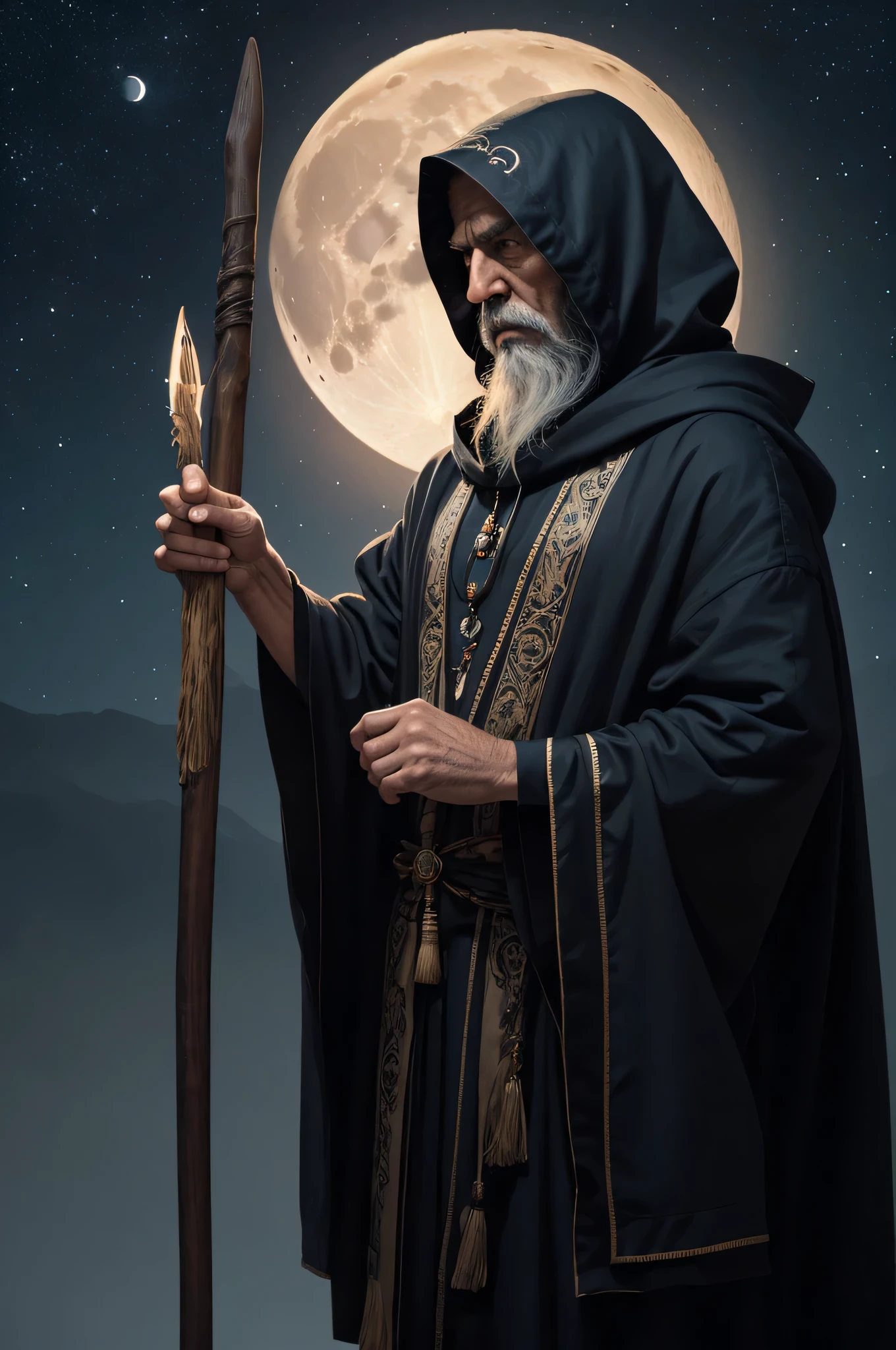 cinematic photo, masterpiece, half body portrait of a fantasy Moon God in a mature and contemplative form. He appears as an old hooded sage. His figure is cloaked in mystery, veiled by the shadows of the night. He is clad in flowing, dark garments that seem to meld with the night sky. Symbols of arcane wisdom are embroidered onto his attire, signifying the secrets of the cosmos. Standing in a reflective posture, one hand holding the hood in a gesture of introspection. A walking stick made of natural knotted wood is lowered, signifying the closing of cosmic cycles. The Moon God's face is partially concealed by the hood, revealing only glimpses of ageless wisdom in the glow of his eyes. He has longish grey disheveled hair and long ruffled grey beard. His skin radiates a dim eerie glow, reflecting the weak luminescence of the waning crescent moon. Cosmic galactic background with stars and a silvery waxing crescent moon, fantasy, historical, artistic