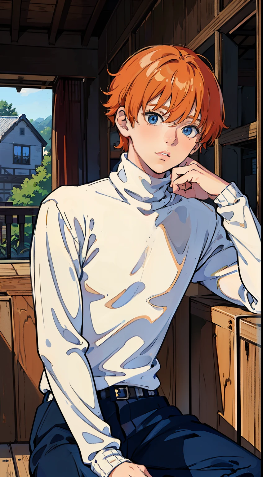 (1boy,,18 years old), orange hair, blue eyes,(((white sweater,turtleneck))),(inside of a wood house). (((looking away,sitting,separated lips)))