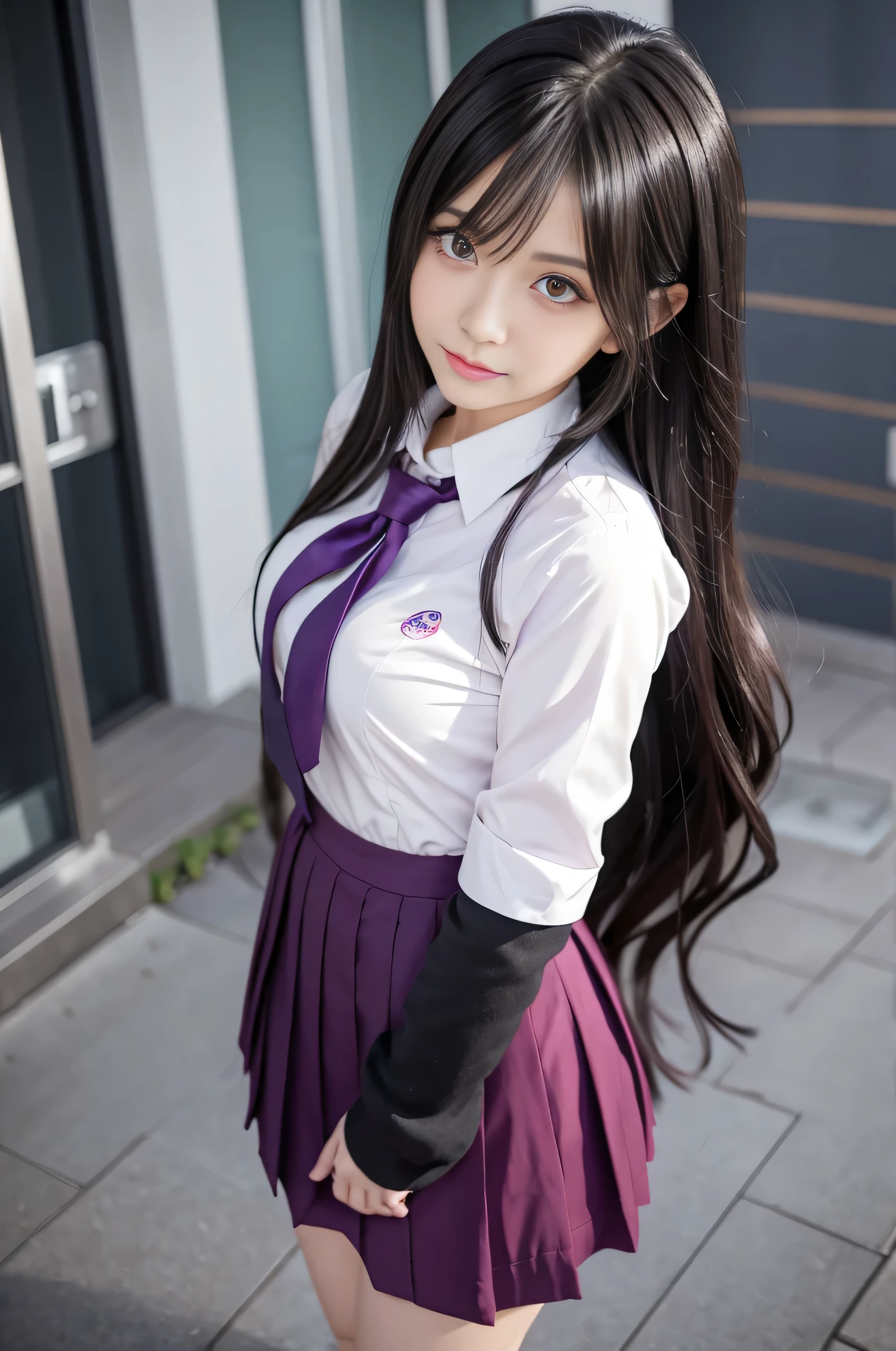 Anime Girl with long black hair and purple eyes in a school uniform, anime moe art style, beautiful anime high school girl, seductive Anime Girl, Anime Girl with long hair, marin kitagawa fanart, Gapmoe Yandere, Anime Best Girl, ????? anime style, (Anime Girl), Realistic Schoolgirl, attractive Anime Girl, Misato Katsuragi, visual novel cg
