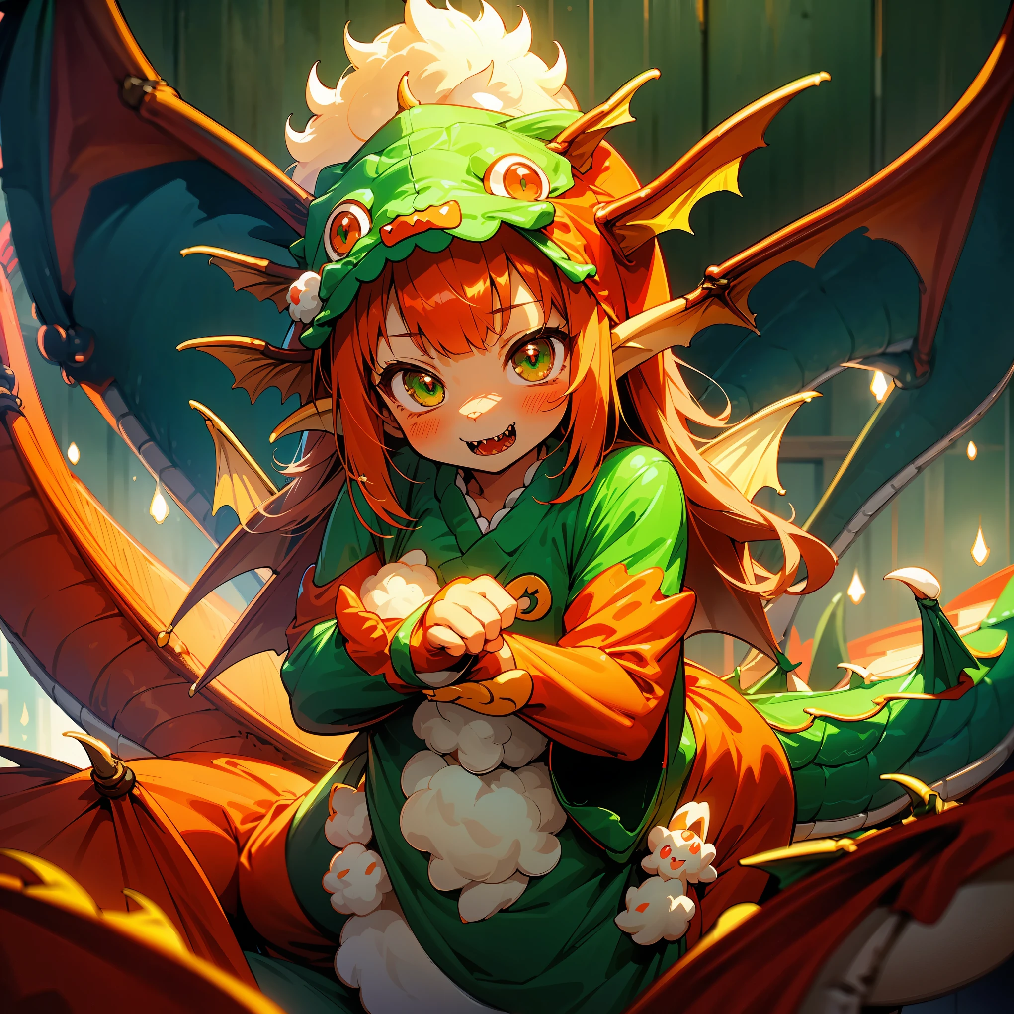 (8K, Raw photography, Best Quality, masutepiece:1.2), high-definition RAW color photography, Professional Photography, Cinematic Light, (animesque: 1.2), The depth of field is shallow, Blurry bokeh:1.2, ((Cute girl wearing a dragon costume, Fluffy kigurumi:1.9)), scaled dragon costume, radiant eyes, long eyeslashes, detailed lips, playful look, a smile, full-face blush, Show your teeth and smile, green dragon costume with red accents, fluffy dragon tail, scaly dragon wings, Magical atmosphere, illustratio, ultra-detailliert, hightquality, realisitic, vivd colour, Studio Lighting, Highly detailed, Photography, masutepiece, hightqualityな, hight resolution, film grains, Professional Lighting,