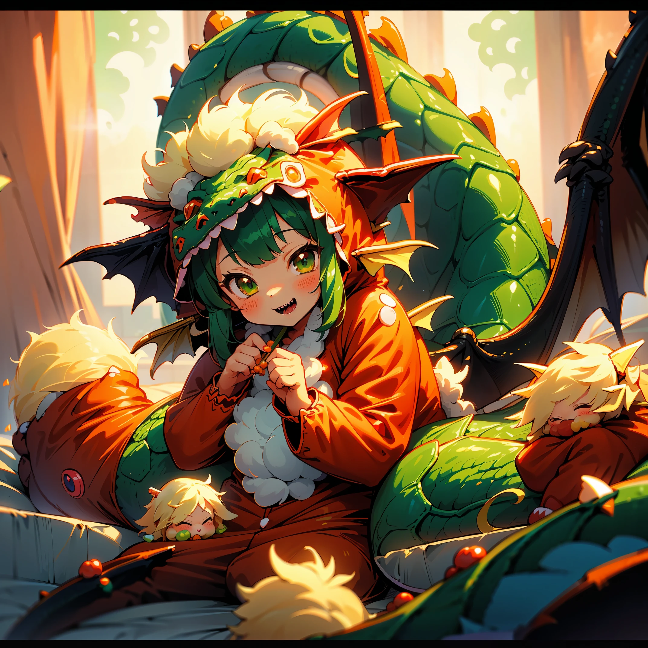 (8K, Raw photography, Best Quality, masutepiece:1.2), high-definition RAW color photography, Professional Photography, Cinematic Light, (animesque: 1.2), The depth of field is shallow, Blurry bokeh:1.2, ((Cute girl wearing a dragon costume, Fluffy kigurumi:1.9)), scaled dragon costume, radiant eyes, long eyeslashes, detailed lips, playful look, a smile, full-face blush, Show your teeth and smile, green dragon costume with red accents, fluffy dragon tail, scaly dragon wings, Magical atmosphere, illustratio, ultra-detailliert, hightquality, realisitic, vivd colour, Studio Lighting, Highly detailed, Photography, masutepiece, hightqualityな, hight resolution, film grains, Professional Lighting,