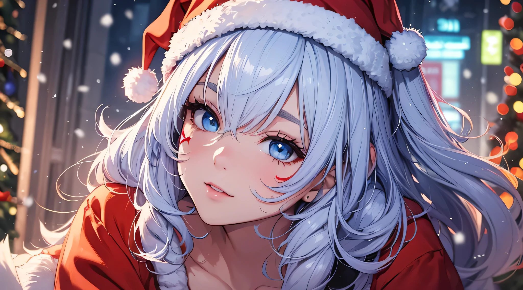 top-quality、Top image quality、masterpiece、teens girl((Cute Santa Costumes、santa style short skirt、santa style tank top、sixteen years old、 Ager、Best Bust、big bast,wide open breasts、Beautiful light blue eyerest, multicolored hair、A slender,Large valleys、dye one's cheeks red、Red Body Paint、Red Face Paint、be shy、heart mark、face to viewer、kiss Face、kiss)),hiquality、Beautiful Art、Background with(( natta、snowflakes falling、Nice and clean room.、Christmas Party、Party Venue、Christmas Lights、Christmas tree、)))、masutepiece、depth of fields,