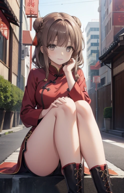 masutepiece, High quality, Best Quality, High resolution, 4K, High Definition, Beautiful lighting,Highly detailed face, well-drawn hands, well-drawn legs,well-drawn feet,well-drawn eyes,1girl in,kaede, Brown hair, Brown eyes, Medium breasts，red cheongsam，red shorts，knee high socks，Short boots，Chinese style streetscape，Two buns of hair