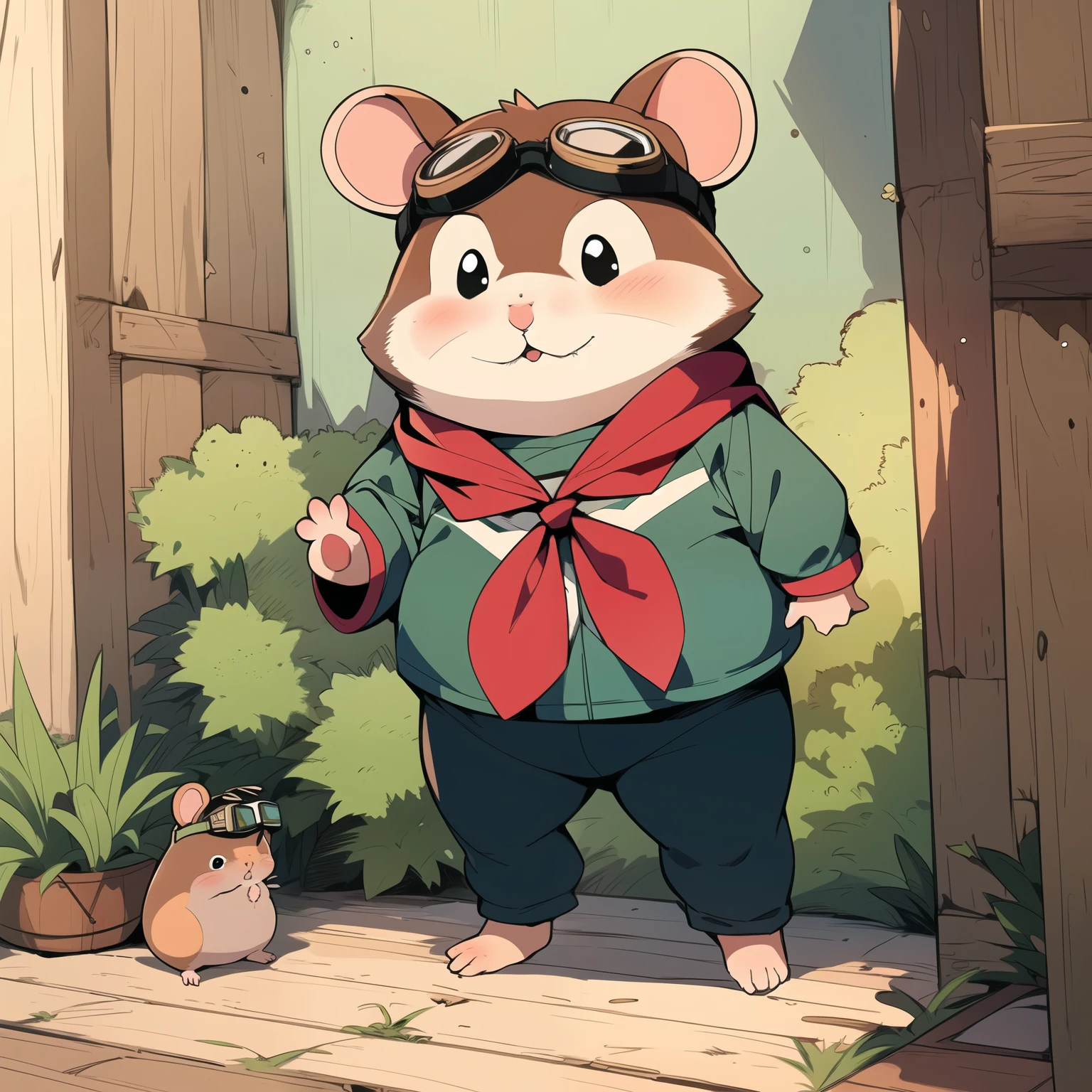 ((boy hamster, chubby, goggles on forehead, animal solo, hamster focus, full body)), cute, cool, red neckerchief, adventurer, best_quality, design, hires, highly detailed