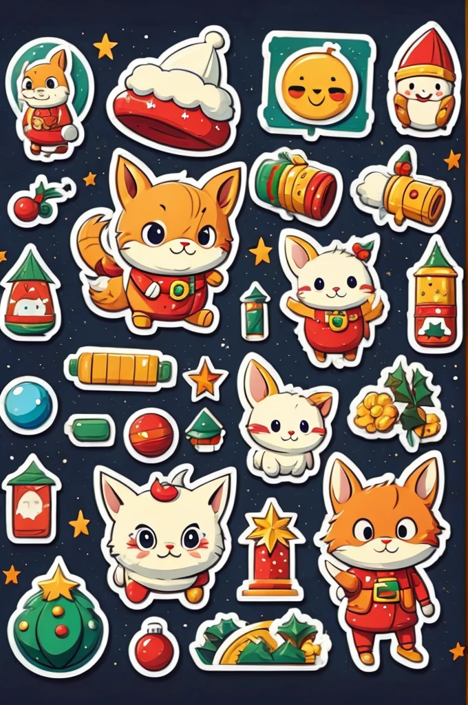 Sticker design, christmas Sticker, (Christmas costume:1.2), Christmas elements, Funny, cute, humorous, 3D cartoon, by Richard Scarry, enhance, intricate, (masterpiece, Representative work, official art, Professional, unity 8k wallpaper:1.3)