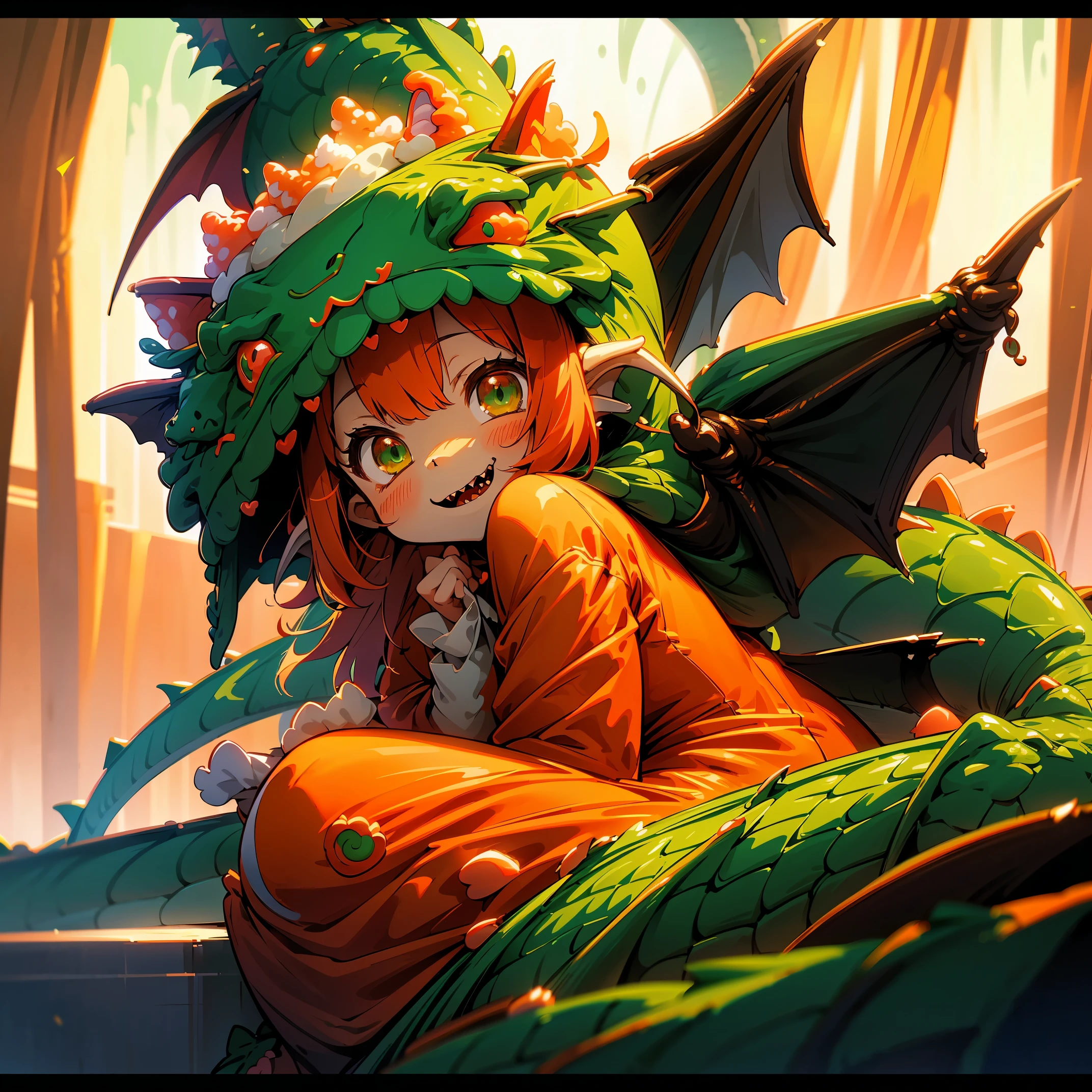 (8K, Raw photography, Best Quality, masutepiece:1.2), high-definition RAW color photography, Professional Photography, Cinematic Light, (animesque: 1.2), The depth of field is shallow, Blurry bokeh:1.2, ((Cute girl wearing a dragon costume, Fluffy kigurumi:1.9)), scaled dragon costume, radiant eyes, long eyeslashes, detailed lips, playful look, a smile, full-face blush, Show your teeth and smile, green dragon costume with red accents, fluffy dragon tail, scaly dragon wings, Magical atmosphere, illustratio, ultra-detailliert, hightquality, realisitic, vivd colour, Studio Lighting, Highly detailed, Photography, masutepiece, hightqualityな, hight resolution, film grains, Professional Lighting,