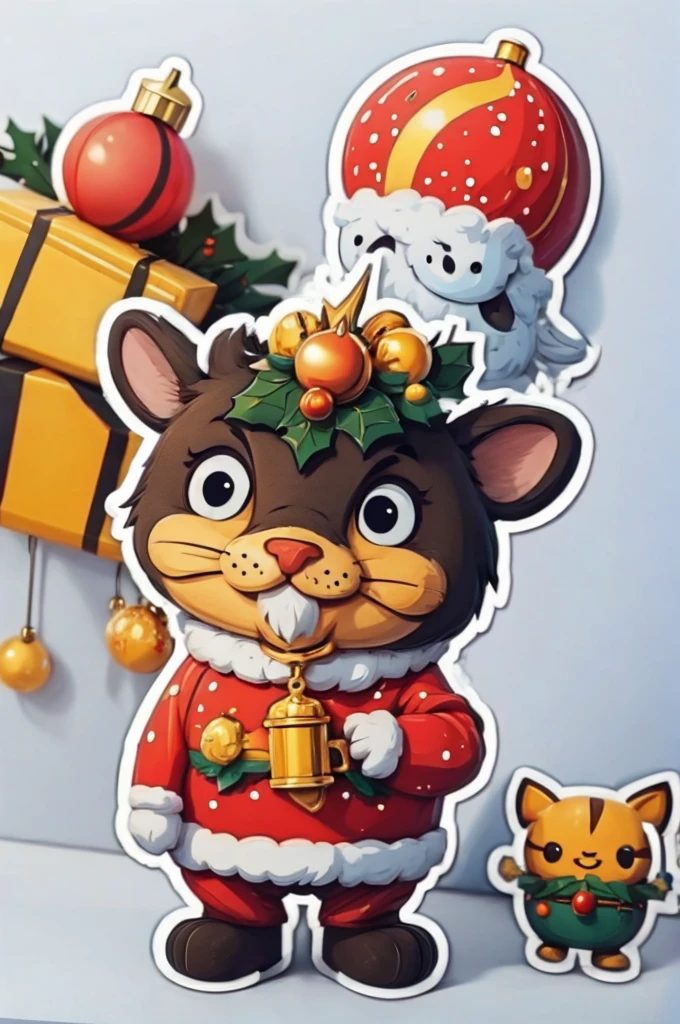 Sticker design, christmas Sticker, (Christmas costume:1.2), Christmas elements, Funny, cute, humorous, 3D cartoon, by Richard Scarry, enhance, intricate, (masterpiece, Representative work, official art, Professional, unity 8k wallpaper:1.3)