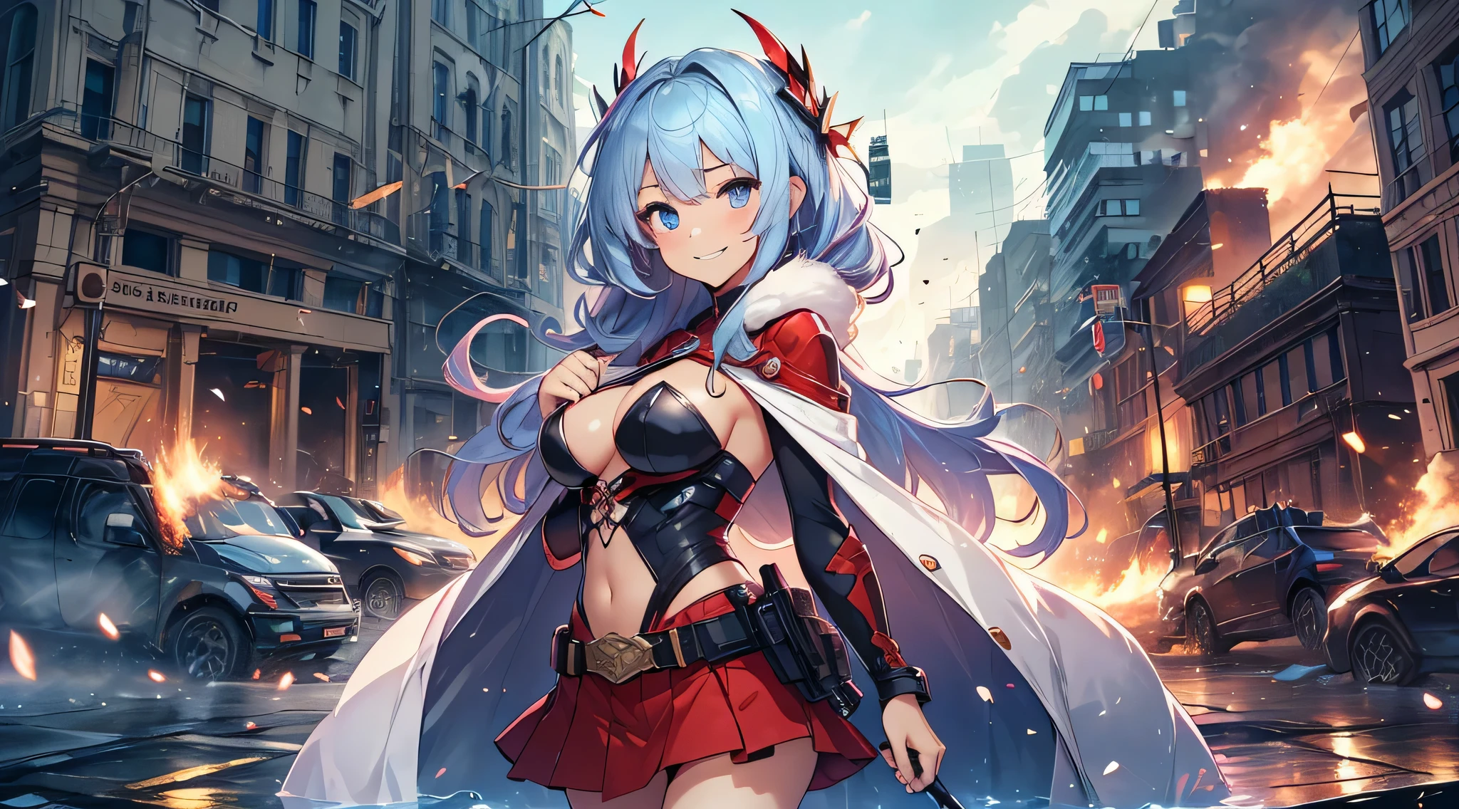 top-quality、Top image quality、masterpiece、teens girl((、 Ager、Best Bust、big bast,wide open breasts、Beautiful light blue eyerest, multicolored hair、A slender,Large valleys、Reflecting the whole body、Laugh、dye one'Red cheeks、Black Hero Suit、red cloak、Red short skirt、Niō Standing、Cross your arms、grin)),hiquality、Beautiful Art、Background with(( city of collapsed buildings、explosions、fumo、Explosive inflammation、fires)))、masutepiece、depth of fields,hero wind