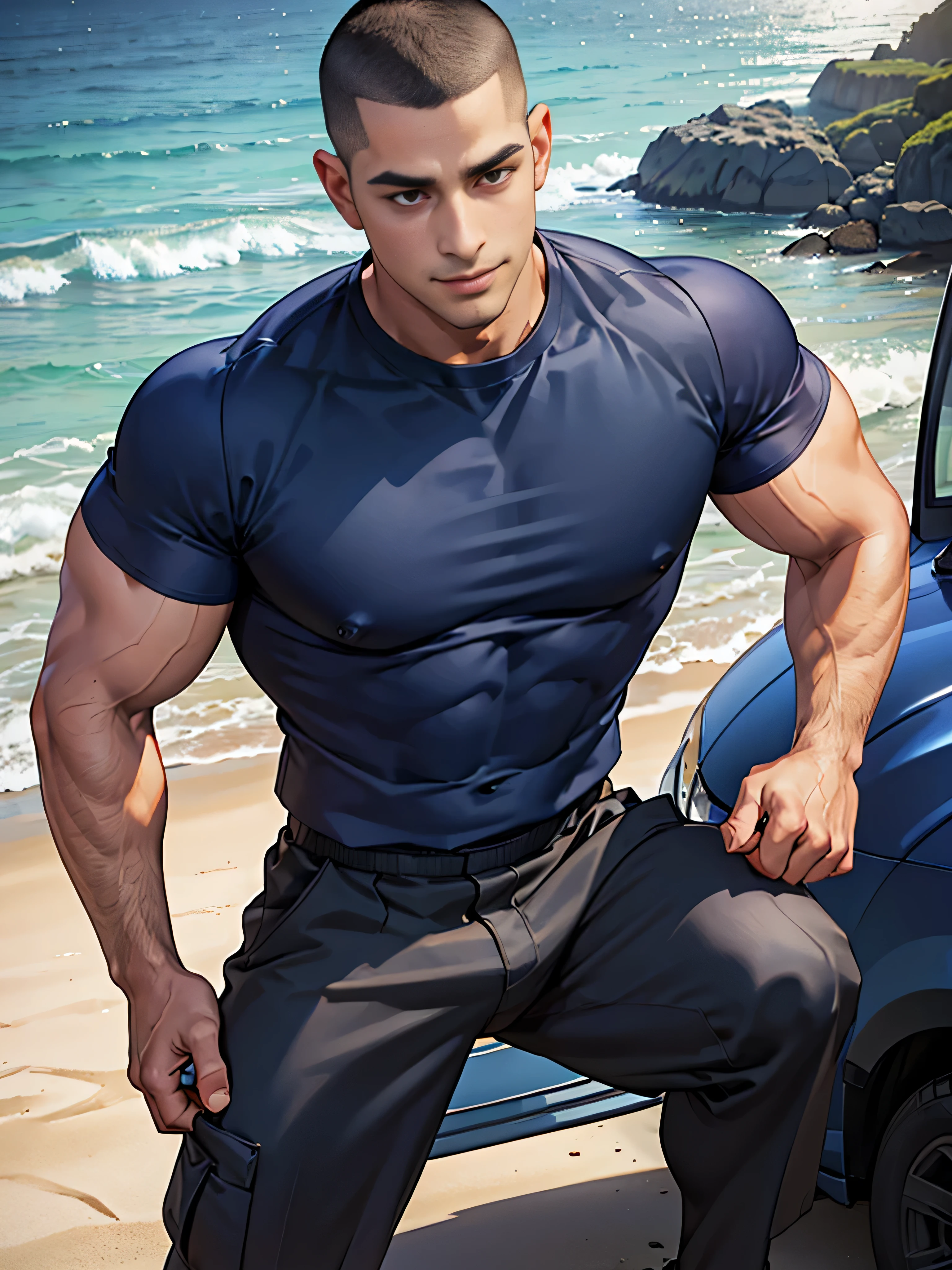 (masterpiece: 1.2), (CGI Art:1.3), (Realistic:1.5), (Post Processing:1.3), (crisp focus:1.3), 1 man on the beach,(Skinhead'Crew Cut Hairstyle: 1.3 ), Skinheads have haircuts.., Black Hair, Short hair details, smile, (Wear a round neck shirt...., tights, Short sleeve shirt, Navy blue shirt), Navy Cargo Pants, Young Korean , Korean Men, (High shadow detail), Big muscles, Wide shoulders, Big Arms, (The sea), (blue car on the beach: 1.3)