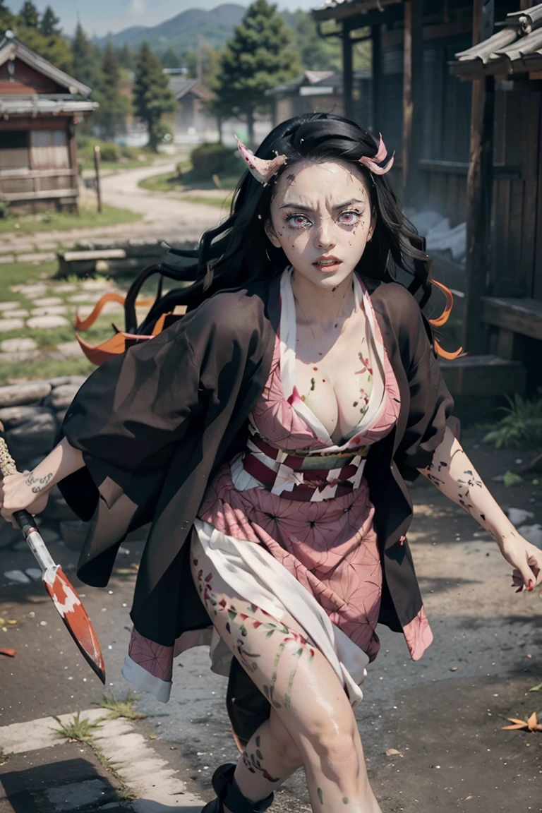 (ultra realistic photo of Nezuko kamado goddess of beauty, bright pink eyes, angry angry expression, she has a horn, 8k, UHD, with long black hair and orange tips, pink japanese kimono ), Nezuko with a piece of bamboo stuck up her ass, (Nezuko, Nezuko-chan, Demon Slayer art style, kimetsu on yaiba),  female anime character, (Nezuko, in her demon form, her breasts stick out of her kimono, ( she has leaf tattoos running down her sexy erotic body), Demon Slayer fanart, wielding kunai, clean and detailed anime art, a very beautiful woman, by Kamagurka, professional art, perfect detailed, (Nezuko kamado in her demonic form, based on the demon slayer kimetsu no yaiba), cleavage、((Flames flutter、be covered in sparkire burns))