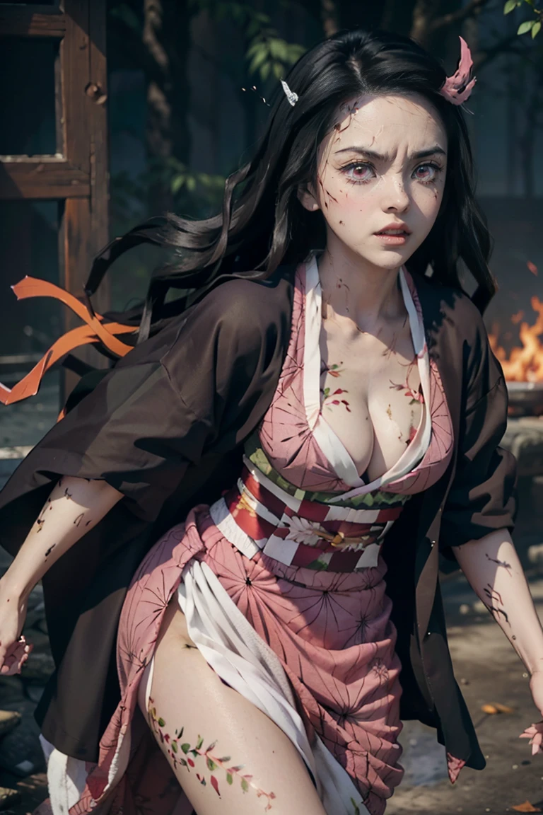 (ultra realistic photo of Nezuko kamado goddess of beauty, bright pink eyes, angry angry expression, she has a horn, 8k, UHD, with long black hair and orange tips, pink japanese kimono ), Nezuko with a piece of bamboo stuck up her ass, (Nezuko, Nezuko-chan, Demon Slayer art style, kimetsu on yaiba),  female anime character, (Nezuko, in her demon form, her breasts stick out of her kimono, ( she has leaf tattoos running down her sexy erotic body), Demon Slayer fanart, wielding kunai, clean and detailed anime art, a very beautiful woman, by Kamagurka, professional art, perfect detailed, (Nezuko kamado in her demonic form, based on the demon slayer kimetsu no yaiba), cleavage、((Flames flutter、be covered in sparkire burns))