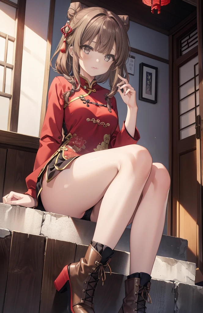 masutepiece, High quality, Best Quality, High resolution, 4K, High Definition, Beautiful lighting,Highly detailed face, well-drawn hands, well-drawn legs,well-drawn feet,well-drawn eyes,1girl in,kaede, Brown hair, Brown eyes, Medium breasts,red cheongsam,red shorts,knee high socks,Short boots,Chinese style streetscape,Two buns of hair