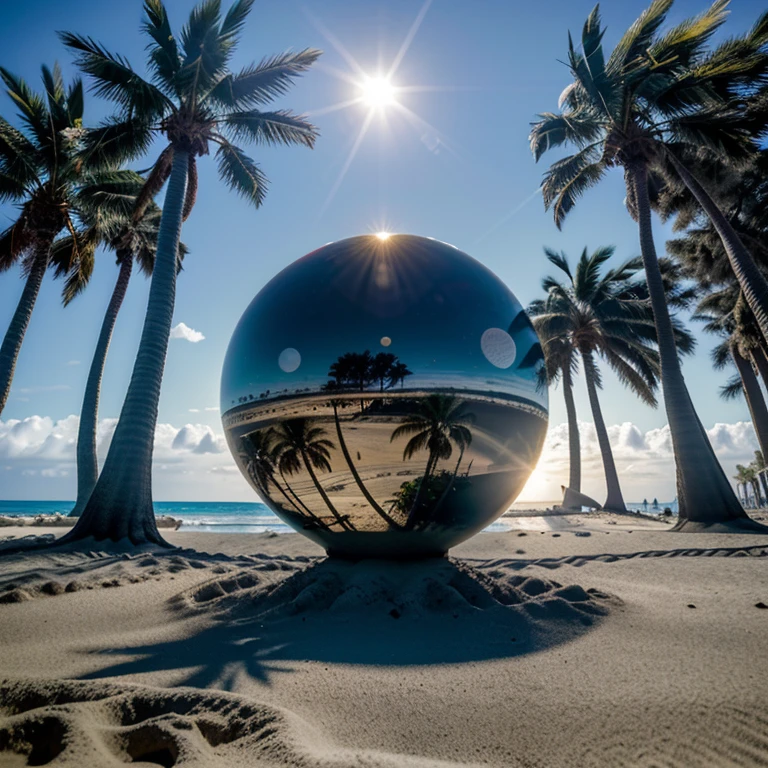 (HD, 8k) early sun on the beach, palm trees in the background, a faint asteroid in the distance sad noir