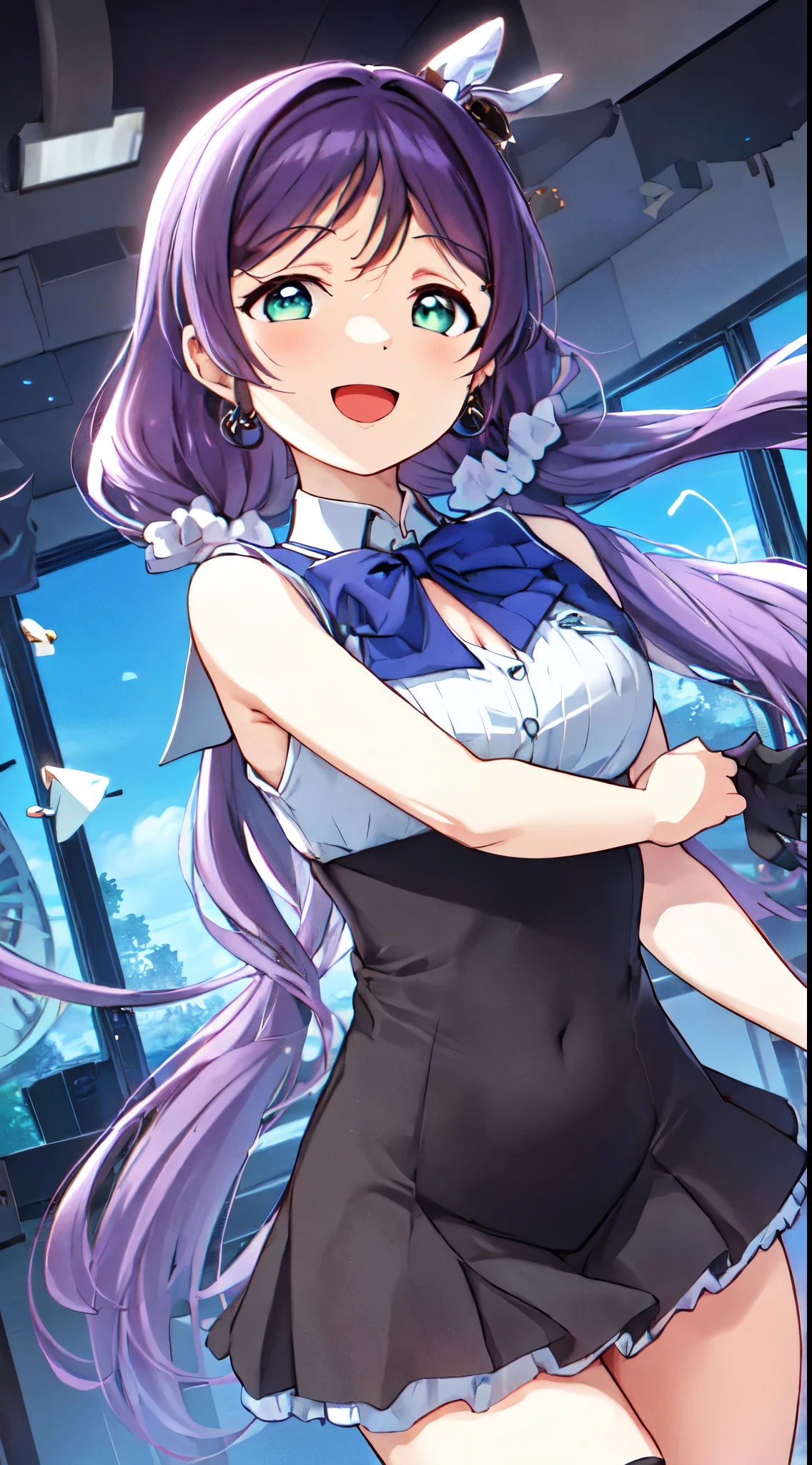 nozomi_tojo, (long_hair), long hair,1girl, solo, purple_hair, twintails, aqua_eyes, hair ornaments,(illustration:1.1),(best quality),(masterpiece:1.1),(beautiful and clear background:1.25),(extremely detailed CG unity 8k wallpaper:1.1), (colorful:0.9),(depth of field:0.75),( ink splashing:0.95),(color splashing:0.85),(watercolor:0.65), 
(cowboy shot:1.4),blue (school uniform:1.4), :d,  dress, earrings,looking_at_viewer, neck_ribbon, smile,
classroom, indoor, sunny, detailed blue sky,