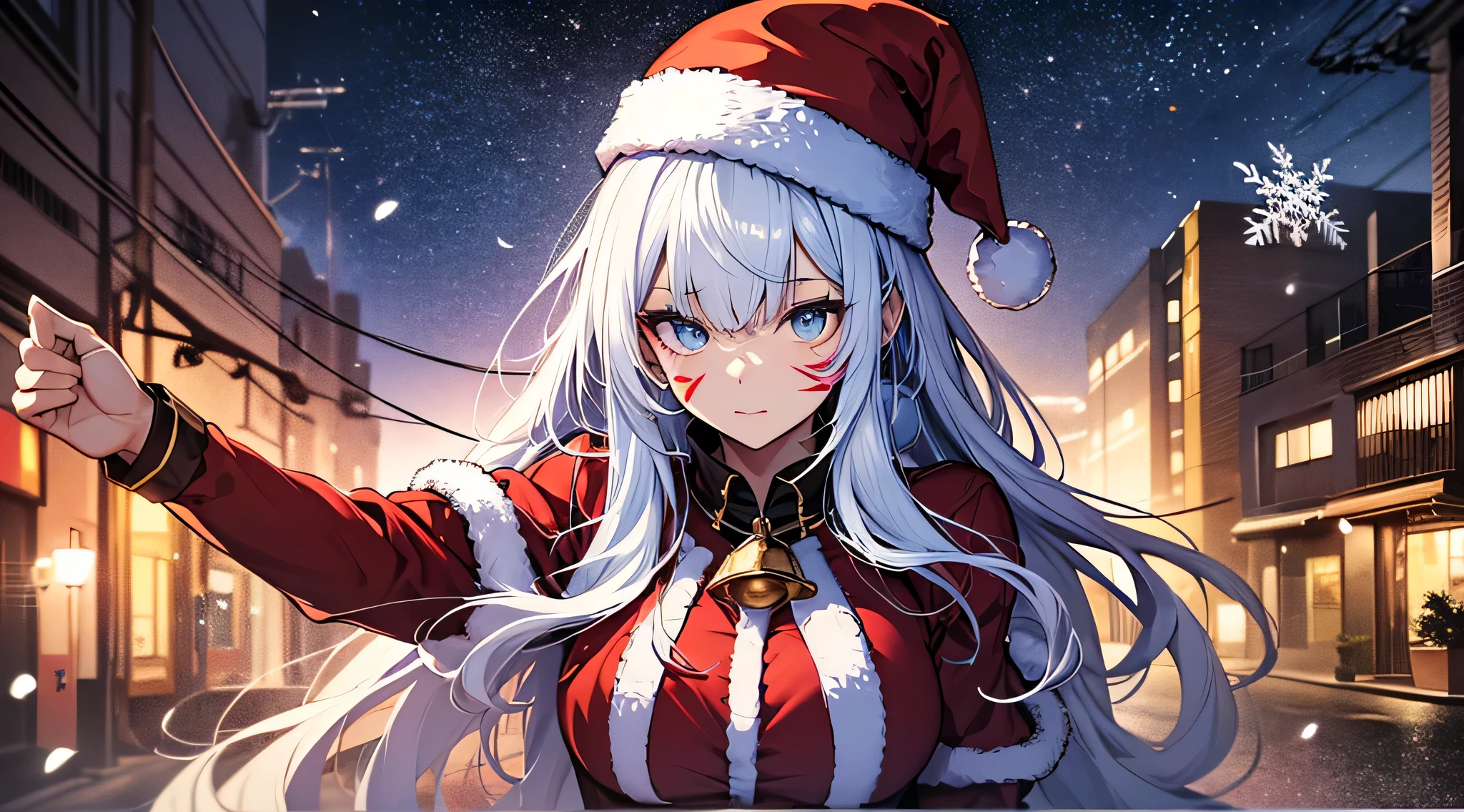 top-quality、Top image quality、​masterpiece、teens girl((Cute Santa Costumes、santa style short skirt、santa style tank top、sixteen years old、 Ager、Best Bust、big bast,wide open breasts、Beautiful light blue eyerest, multicolored hair、A slender,Large valleys、dye one's cheeks red、Red Body Paint、Red Face Paint、be shy、heart mark、face to viewer、kiss Face、kiss)),hiquality、Beautiful Art、Background with(( natta、snowflakes falling、Nice and clean room.、Christmas Party、Party Venue、Christmas Lights、Christmas tree、)))、masutepiece、depth of fields,