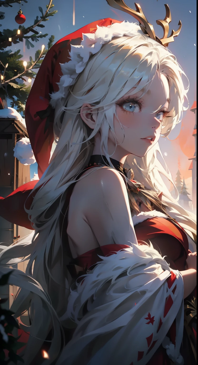 Santa hat，Red is sexy，white color hair，External，in the snow，Reindeer Christmas Girl，is very beautiful，Exquisite and beautiful facial features and，8K分辨率，Studio quality，hyper HD，Super fine detail，Christmas Eve，Oyuki，casa，Christmas tree，designs，巨作，fully body photo，Brilliantly lit，Surreal Photo，long range shotgun body，There is a cabin at the back，In the snow，natta，Superbly detailed eyes