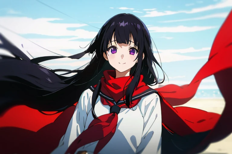 1girl in,black colored hair,long head of hair,straight haired,a sailor suit,Red scarf,purple eyes,a smile
