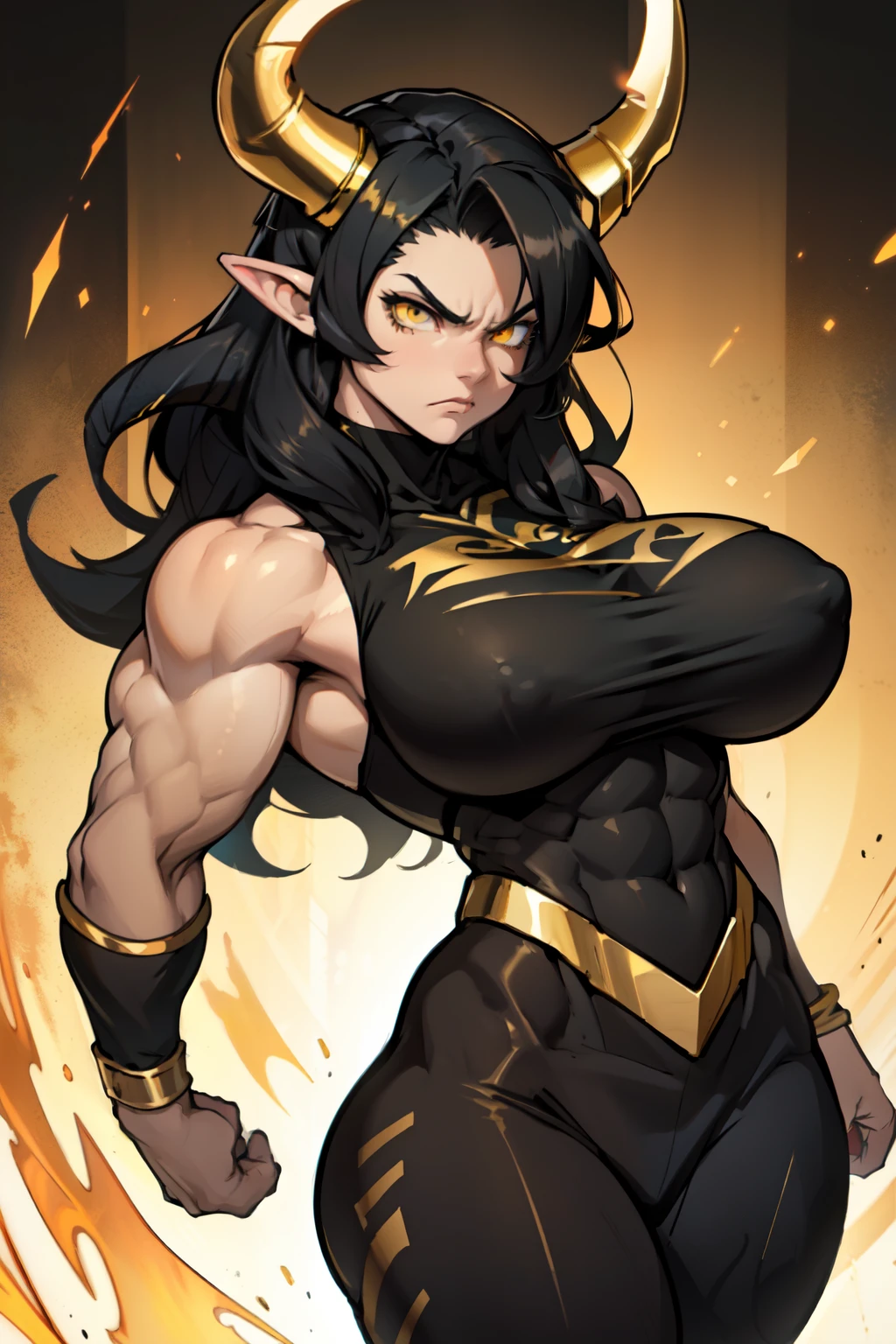 angry (((muscular girl toned body massive breasts horns))) long black hair yellow eyes pale skin gold gold gold gold gold gold